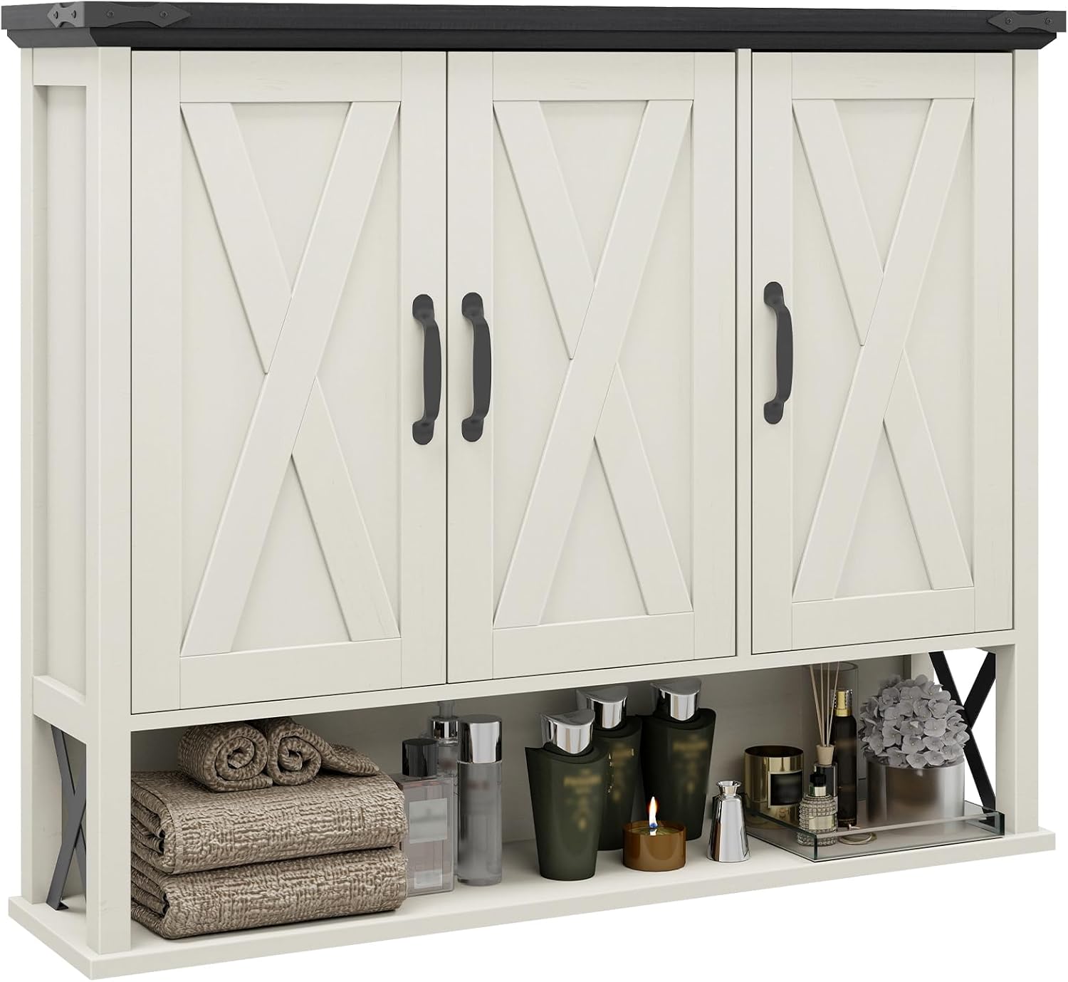 Halitaa Bathroom Wall Cabinet, Farmhouse Medicine Cabinet with Adjustable Wood Shelf & 3 Doors, Over The Toilet Storage Cabinet for Wall Mounted for Bathroom Laundry Room Kitchen, White and Black