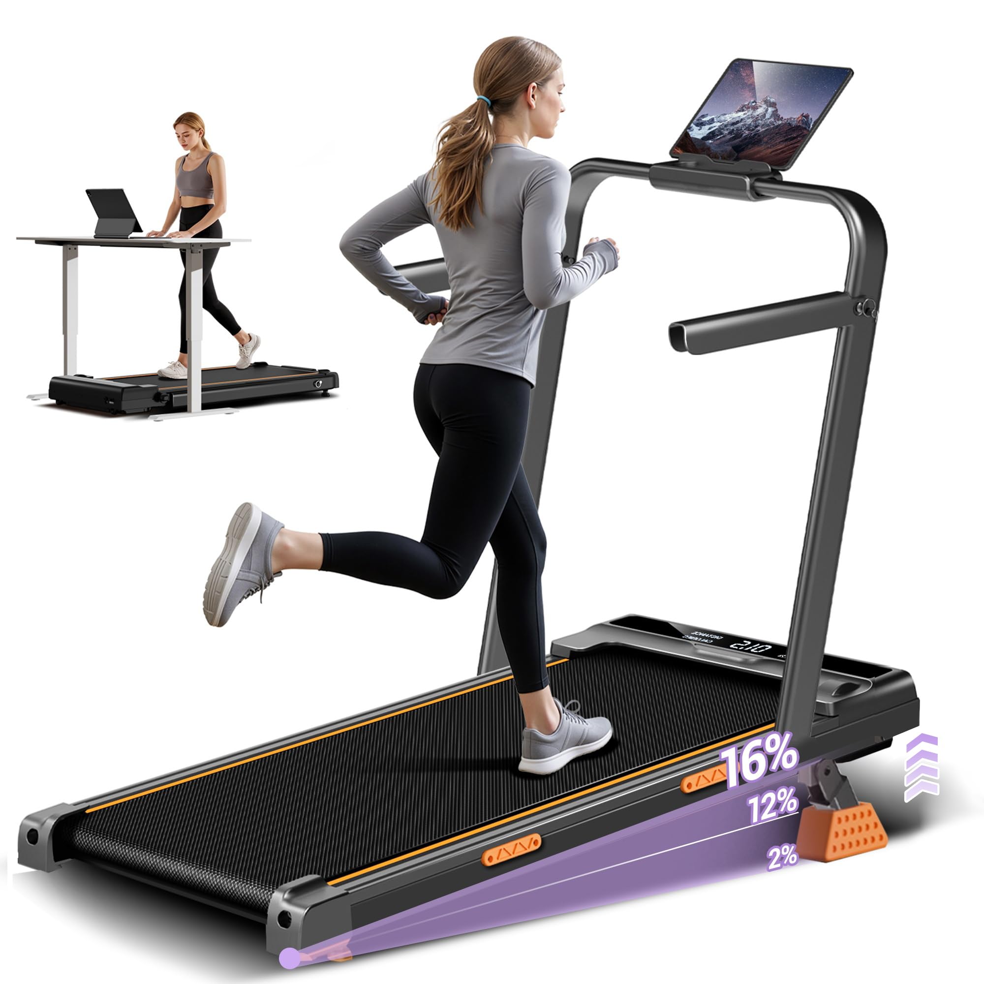 CURSOR FITNESS 16% Incline Walking Pad Treadmill - 4-in-1 Home Use