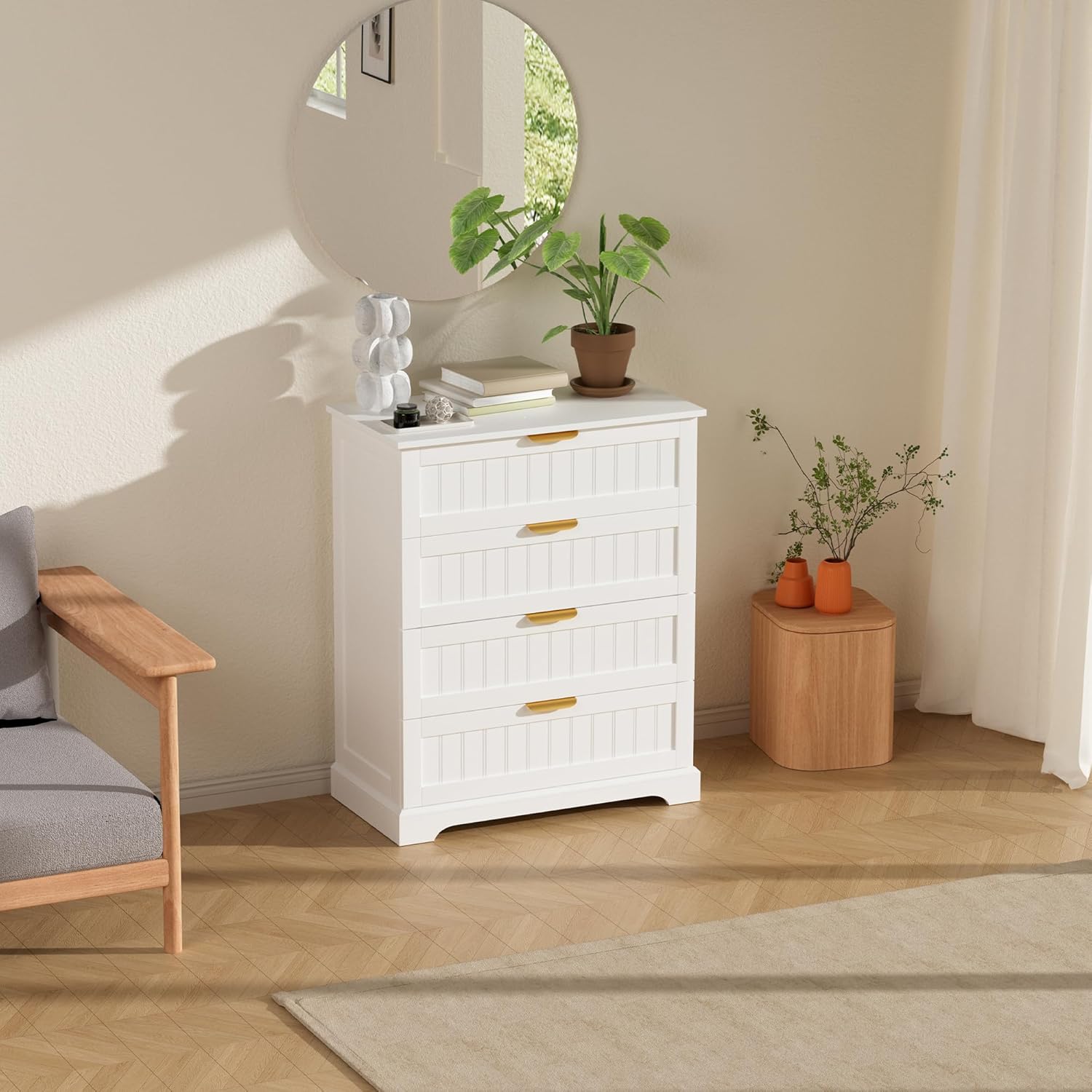 4 Drawer Dresser for Bedroom, Modern Farmhouse Wood Chest of Drawers with Metal Handles, Spacious Storage Drawers for Closet, Living Room, Entryway, White