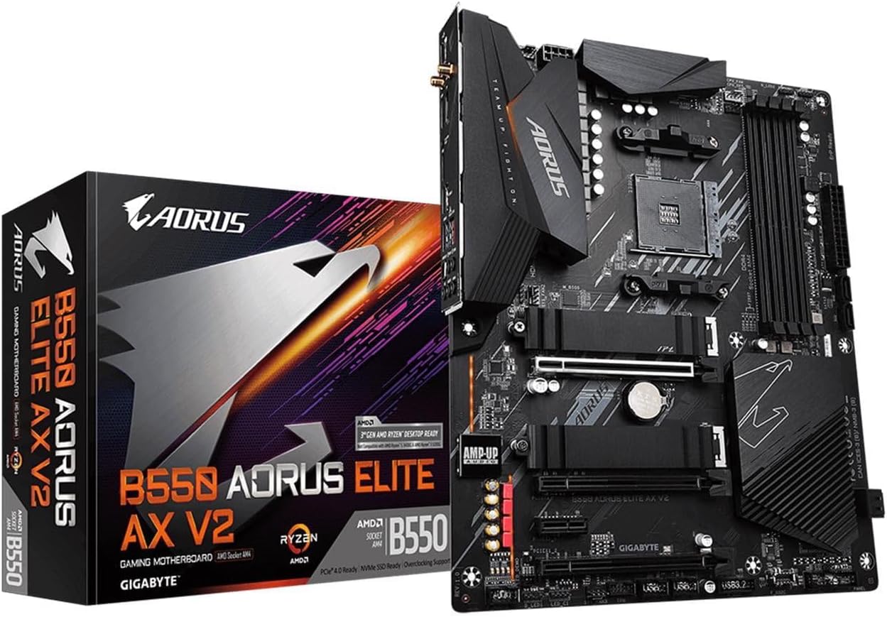 GIGABYTE B550 AORUS Elite AX V2 AMD AM4 ATX Motherboard, Supports Ryzen 5000/4000/3000 Processors, DDR4, 12+2 Power Phase, 2X M.2, PCIe 4.0, Front USB-C, WIFI6, 2.5 GbE LAN, Q-Flash Plus, RGB Fusion