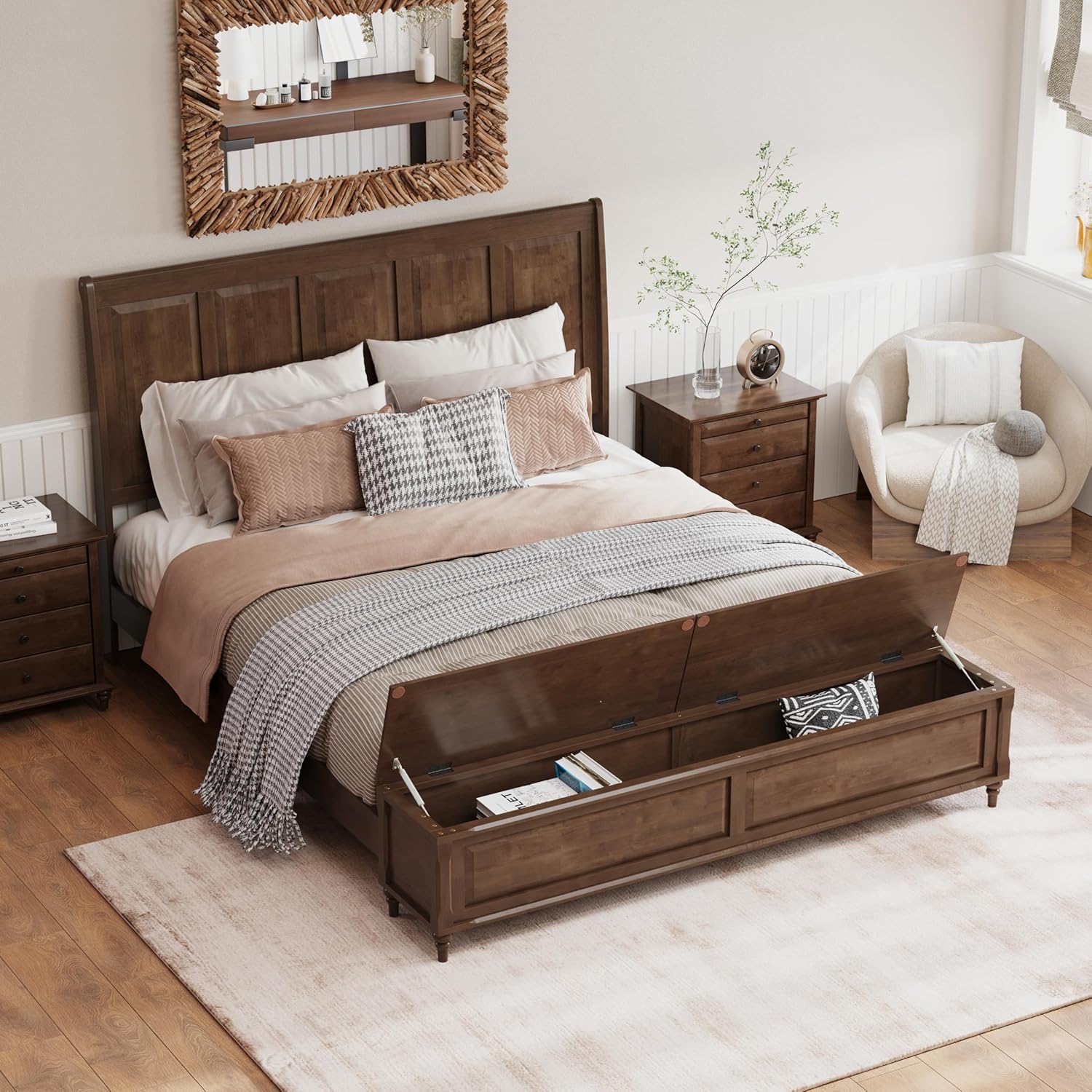 KEIKI King Size Platform Bed Frame with Storage Chest, Wooden Sleigh Bed with High Headboard and Footboard Storage Bench, Solid Wood Construction, No Box Spring Needed, Walnut Brown