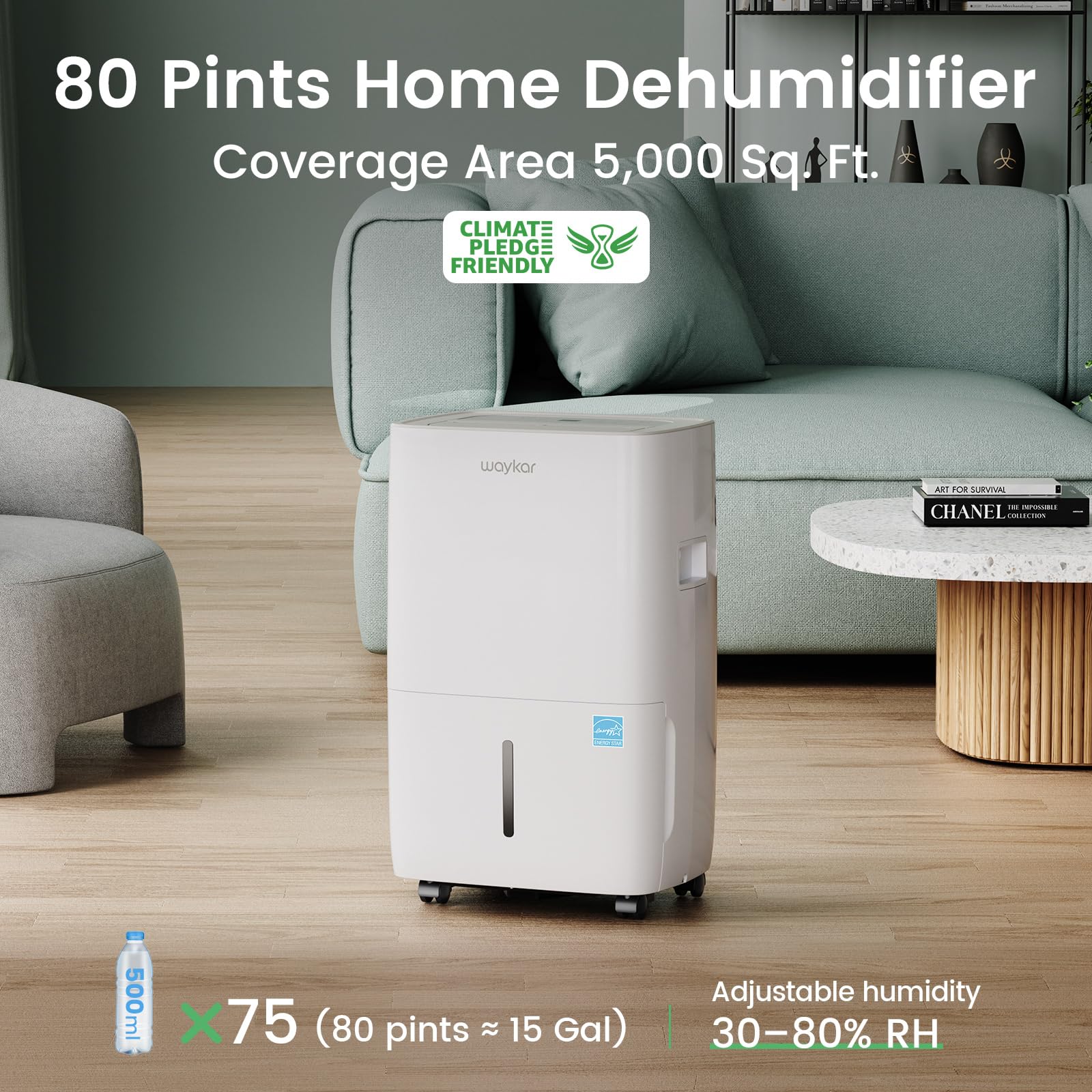 WAYKAR 80 Pints Energy Star Dehumidifier for Large Rooms