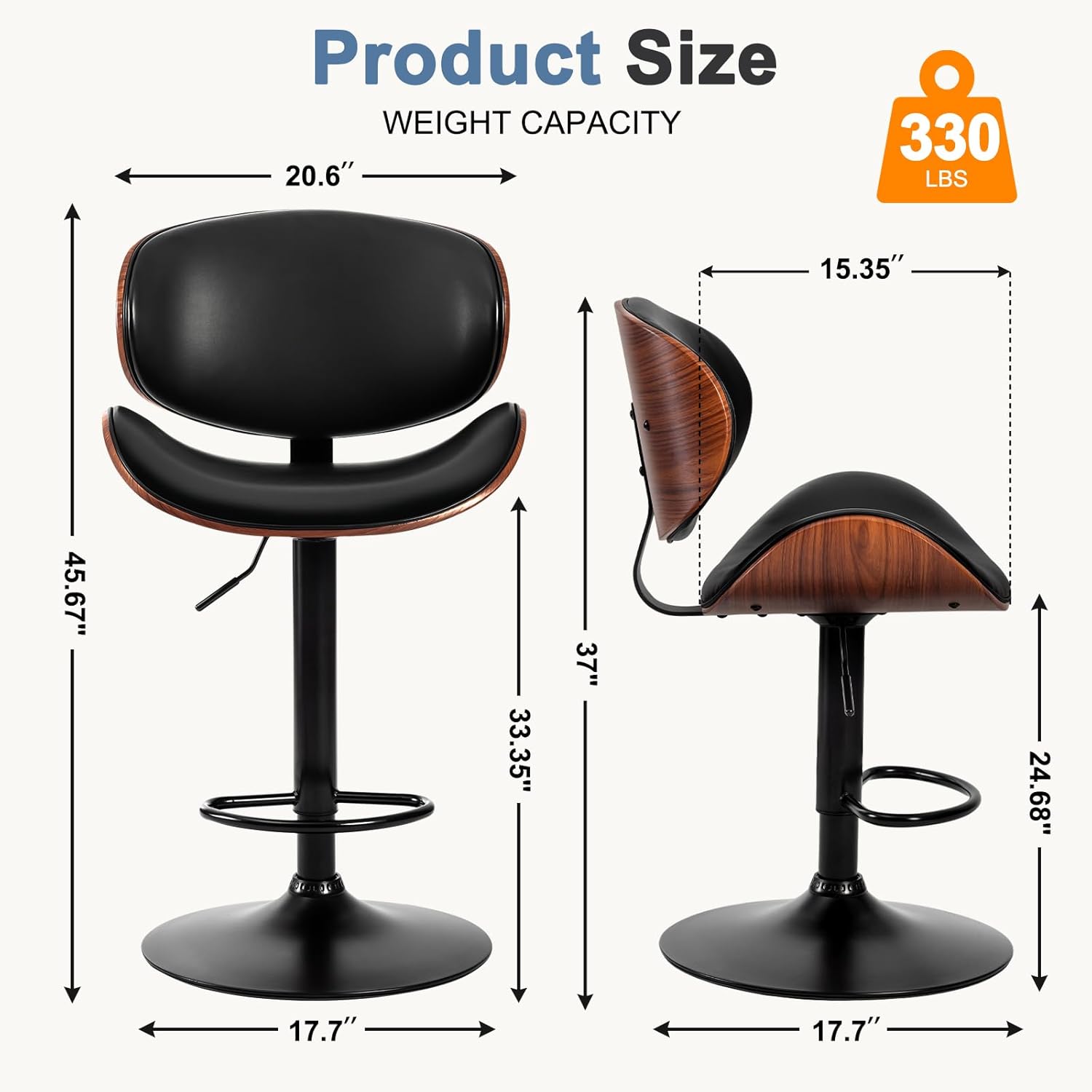 DUMOS Swivel Bar Stools Set of 2, Adjustable Counter Height Bentwood BarStools, PU Leather Upholstery Bar Chair with Ergonomic Back and Footrest, Counter Stools for Bar, Home Kitchen Island, Black