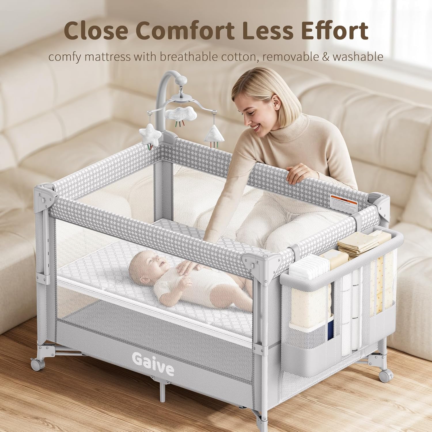 GAIVE 4 in 1 Baby Bassinet, One-Push Setup Pack and Play, Bedside Crib Sleeper with 3 Height Adjustable .Diaper Changer, Come with Comfy Mattress, Rotating Toy Bar, from Infants to Toddlers (Grey)