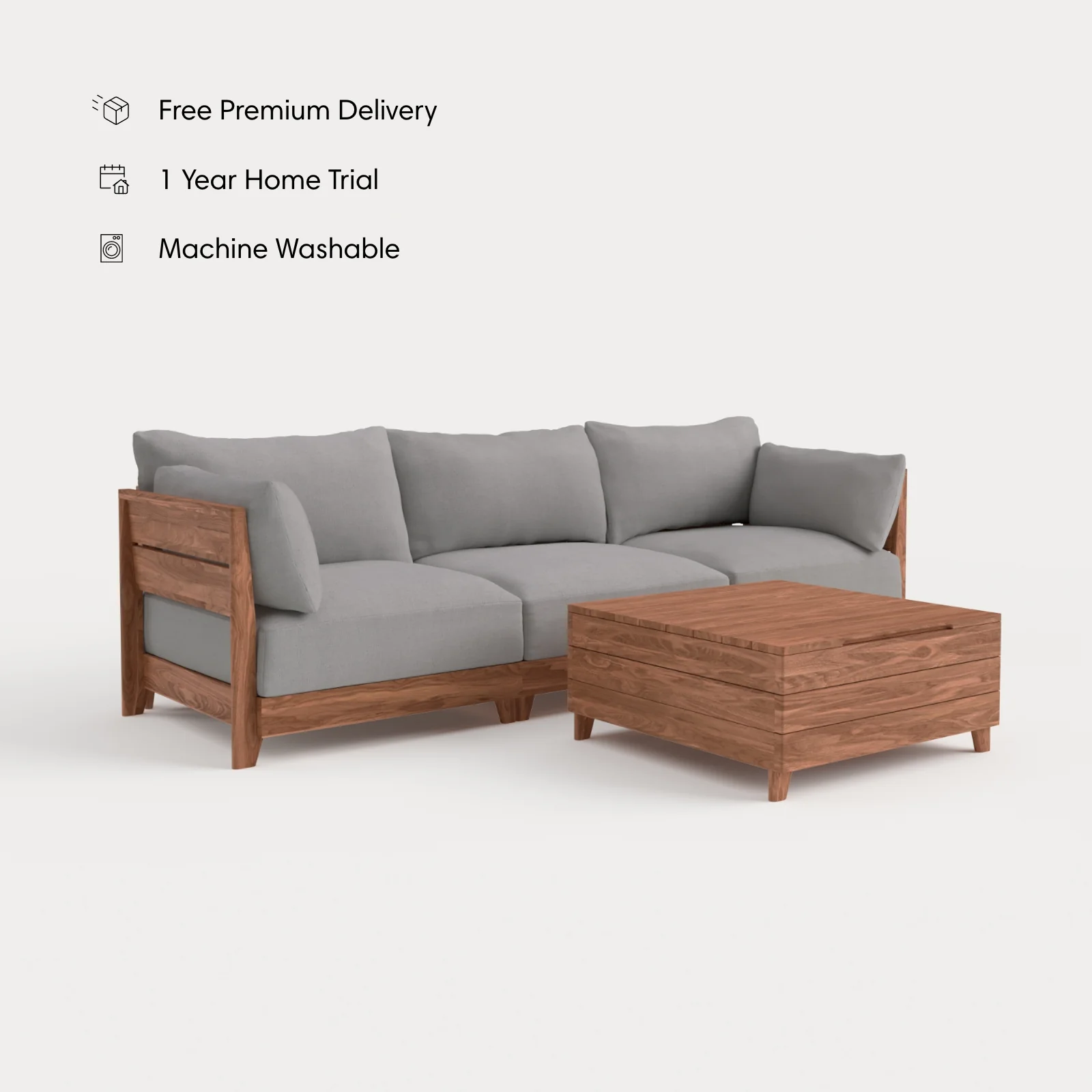 Dwell™ Modular Teak Outdoor Sofa + Storage Coffee Table | Classic Canvas in Stone Gray