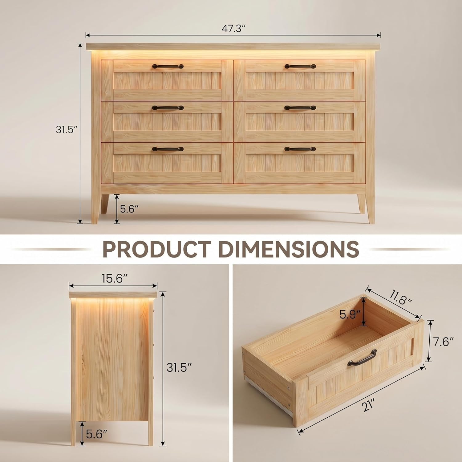 GarveeLife 6 Drawer Dresser with Charging Station & LED Lights, 47.3