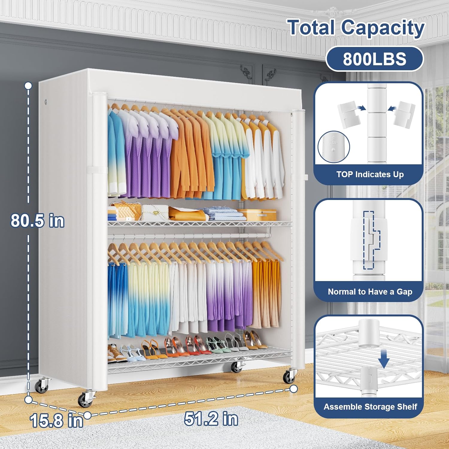 ULIFHOME P8C Max Heavy Duty Clothes Rack（With Extended Width Design） Rolling Clothing Racks for Hanging Clothes with Lockable Wheels .51.2
