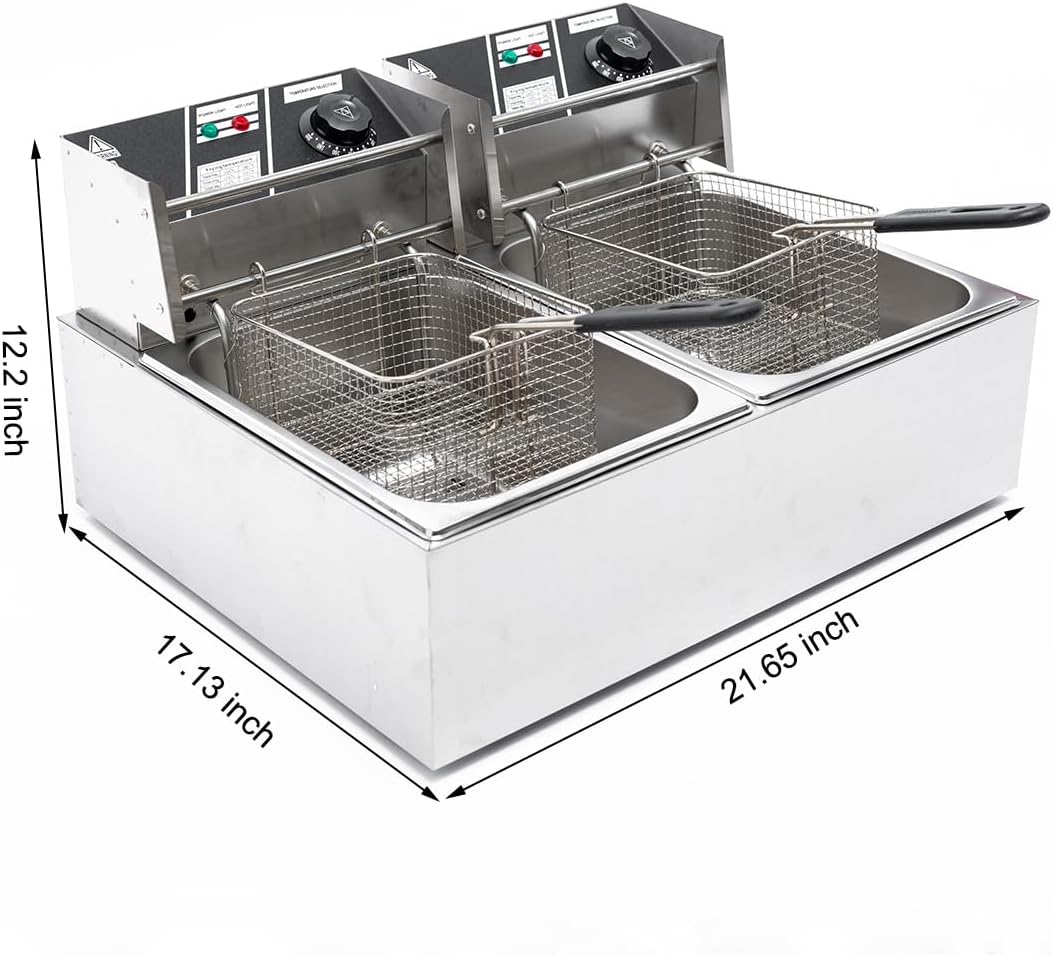 Electric Deep Fryer w/ 2 Baskets and Lids, 5000W 21.8L Electric Fryer Stainless Steel Temperature Control, Commercial Deep Fryer, Countertop Kitchen Frying Machine Fried Chicken Sausages 22.8QT