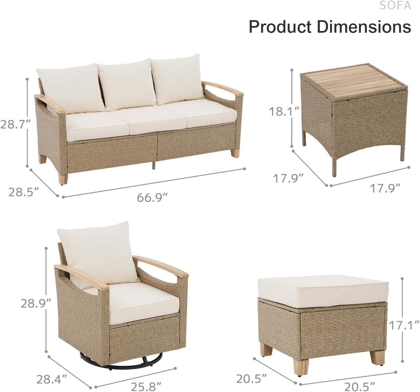 SUNSITT 6 Pieces Outdoor Furniture Set, Patio Wicker Conversation Sets with Swivel Chairs, Outdoor Sofa Set with 2 Ottomans, Beige Cushion