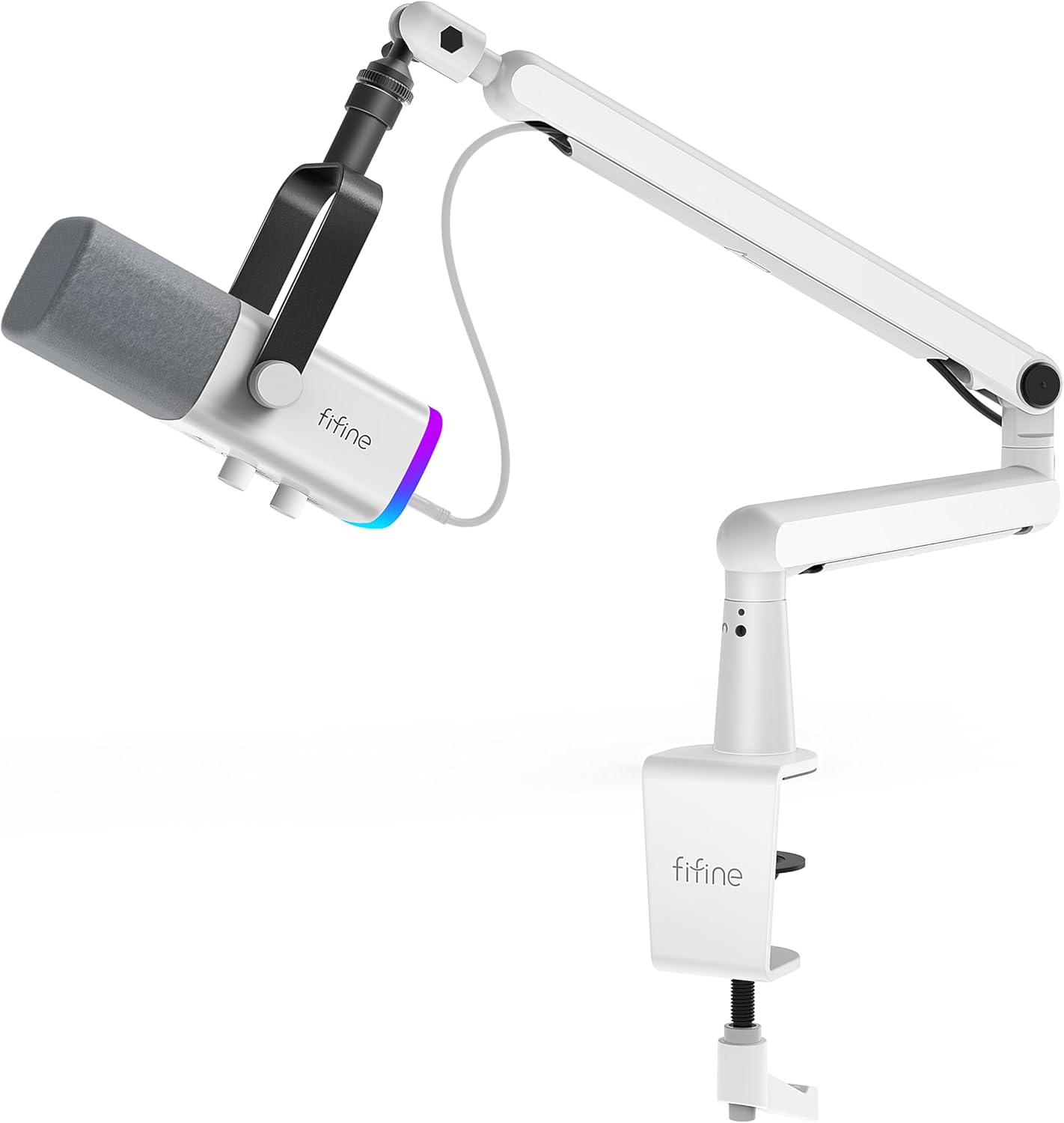 FIFINE Gaming XLR/USB Microphone and Mic Stand Bundle,RGB Dynamic Mic with Mute Button,Volume Control, Low Profile Boom Arm Kit with Cable Management for Recording Video Creation (AM8W+BM88W)