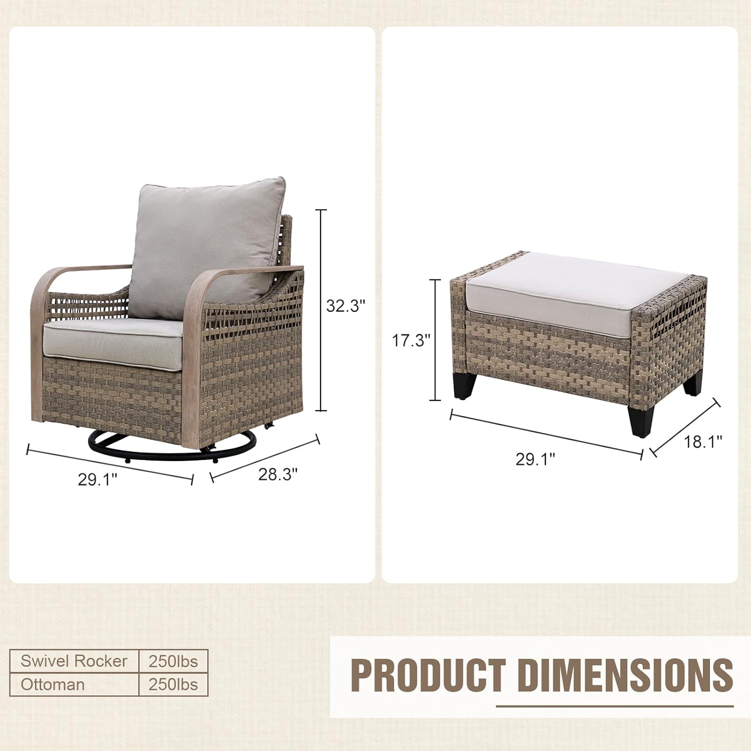 4 Piece Modern Wicker Patio Furniture Set, Rattan Outdoor Conversation Set with Cushions, 2 Swivel Rocking Chairs and 2 Ottomans, Brown/Gray