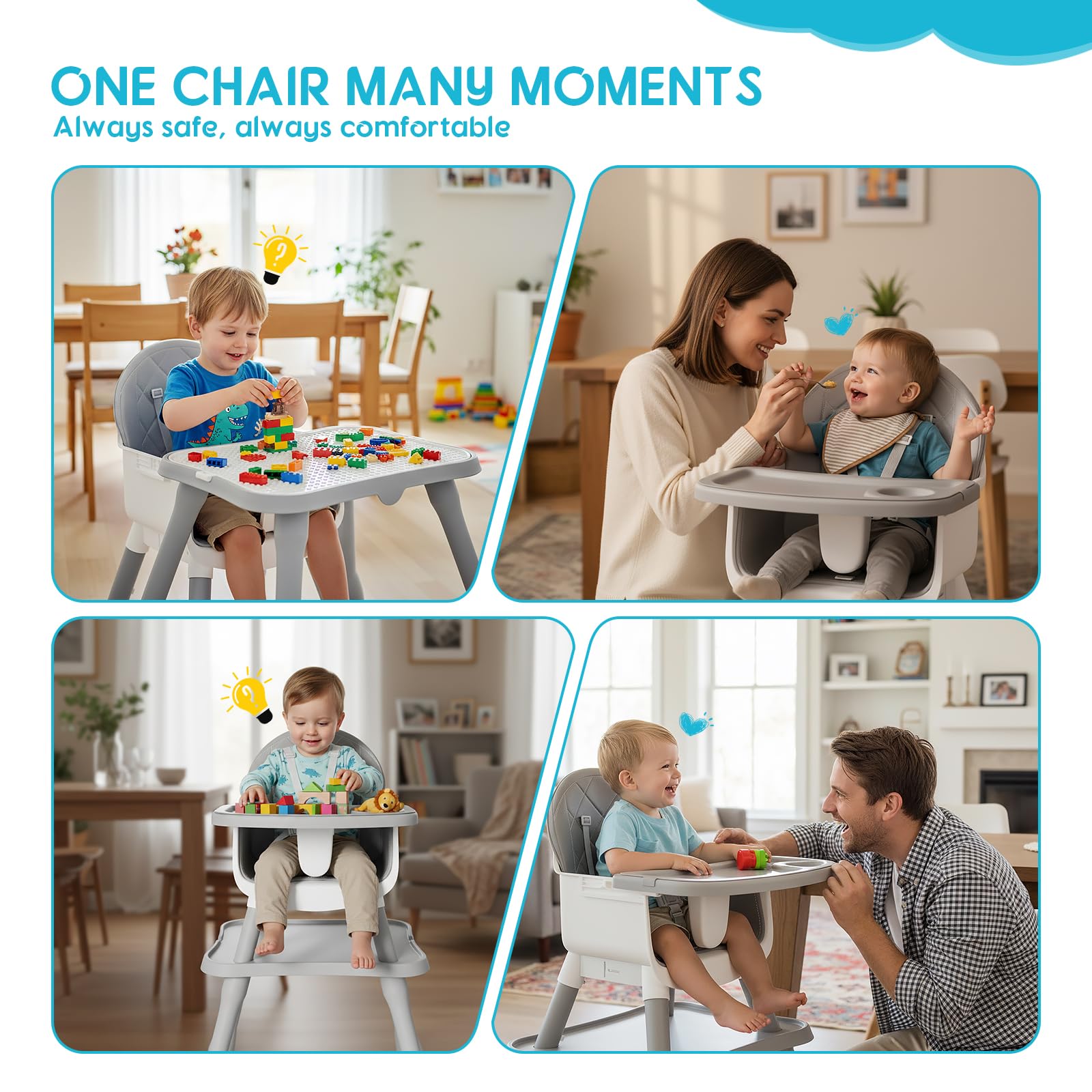 UNISWAN 6 in 1 Baby High Chair - Convertible Highchair Grey