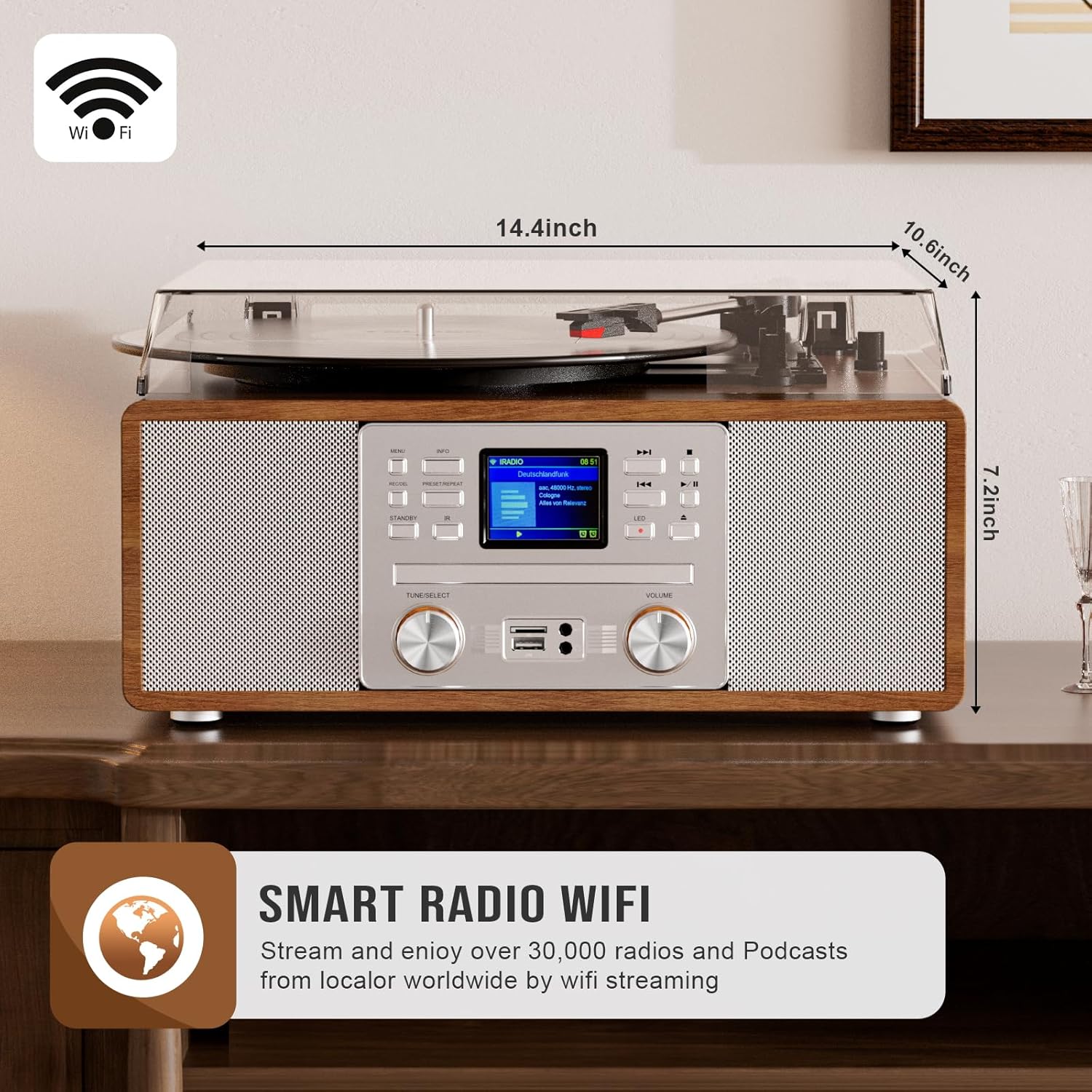 10-in-1 Retro Bluetooth Record Player with Built-in Stereo Speakers | Wireless 3-Speed Turntable for Vinyl, CD, MP3, USB/SD, Internet Radio | Headphone Jack & MP3 Recording | Vintage Multimedia Center