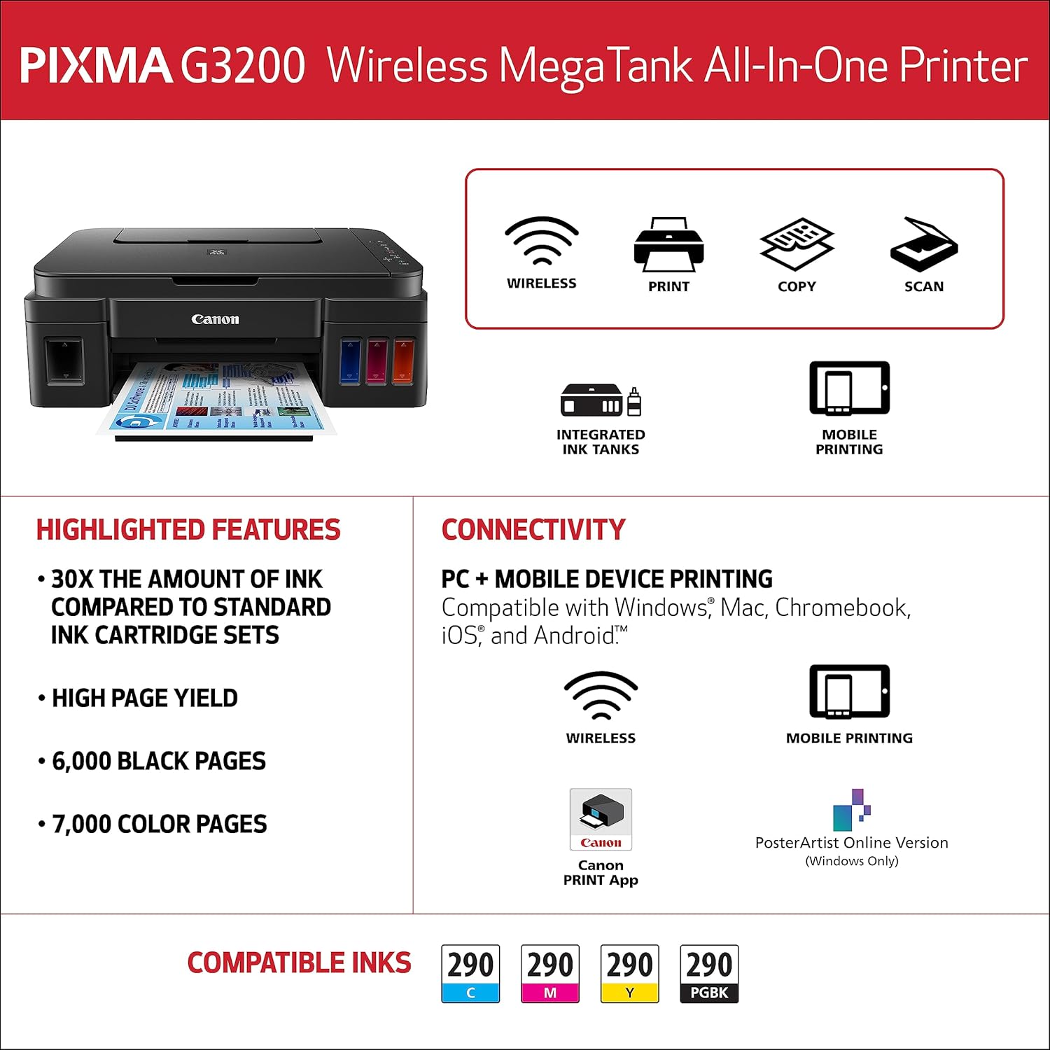 Canon G3200 All-In-One Wireless Supertank (MegaTank) Printer| Copier| Scanner| and Mobile Printing, Black, 6.5