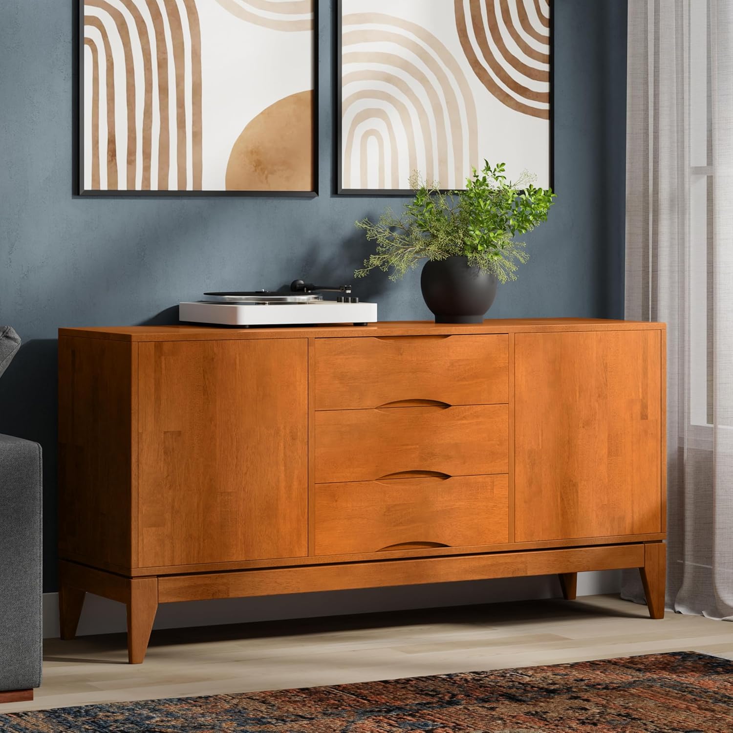 SIMPLIHOME Harper Buffet - 60 inch Wide Solid Hardwood 3-Door Sideboard Buffet in Teak Brown, Mid-Century Modern Storage Cabinet for Dining Room or Kitchen with Adjustable Shelves and Tapered Legs