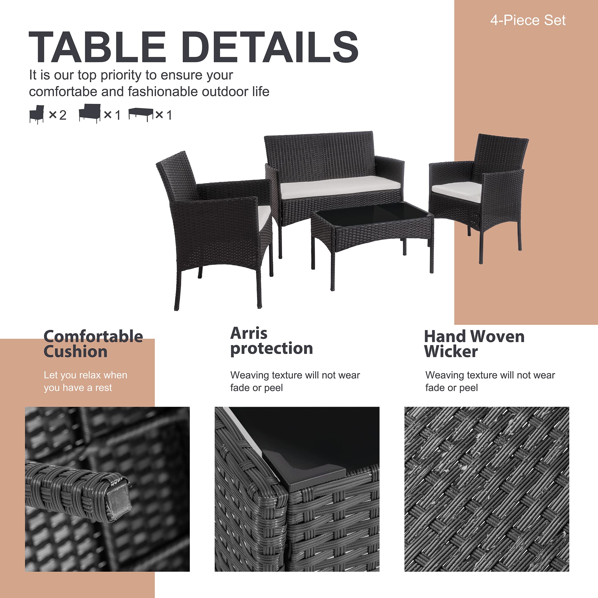 SHINTENCHI 4 Piece Wicker Patio Furniture Set with Glass Table