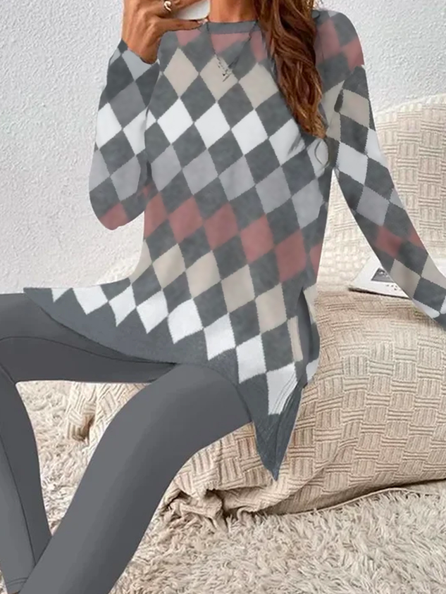 Geometric Print Crew Neck Long Sleeve Top With Pants Loose Casual Two-Piece Set