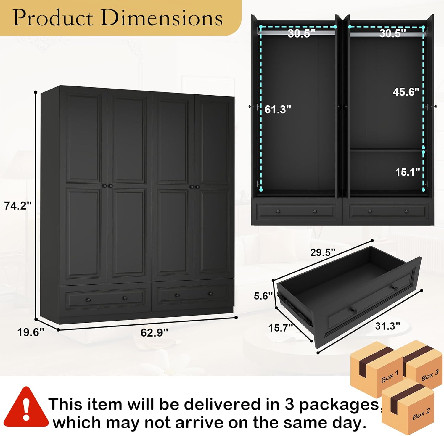 Armoire Wardrobe Closet with Drawers: 63