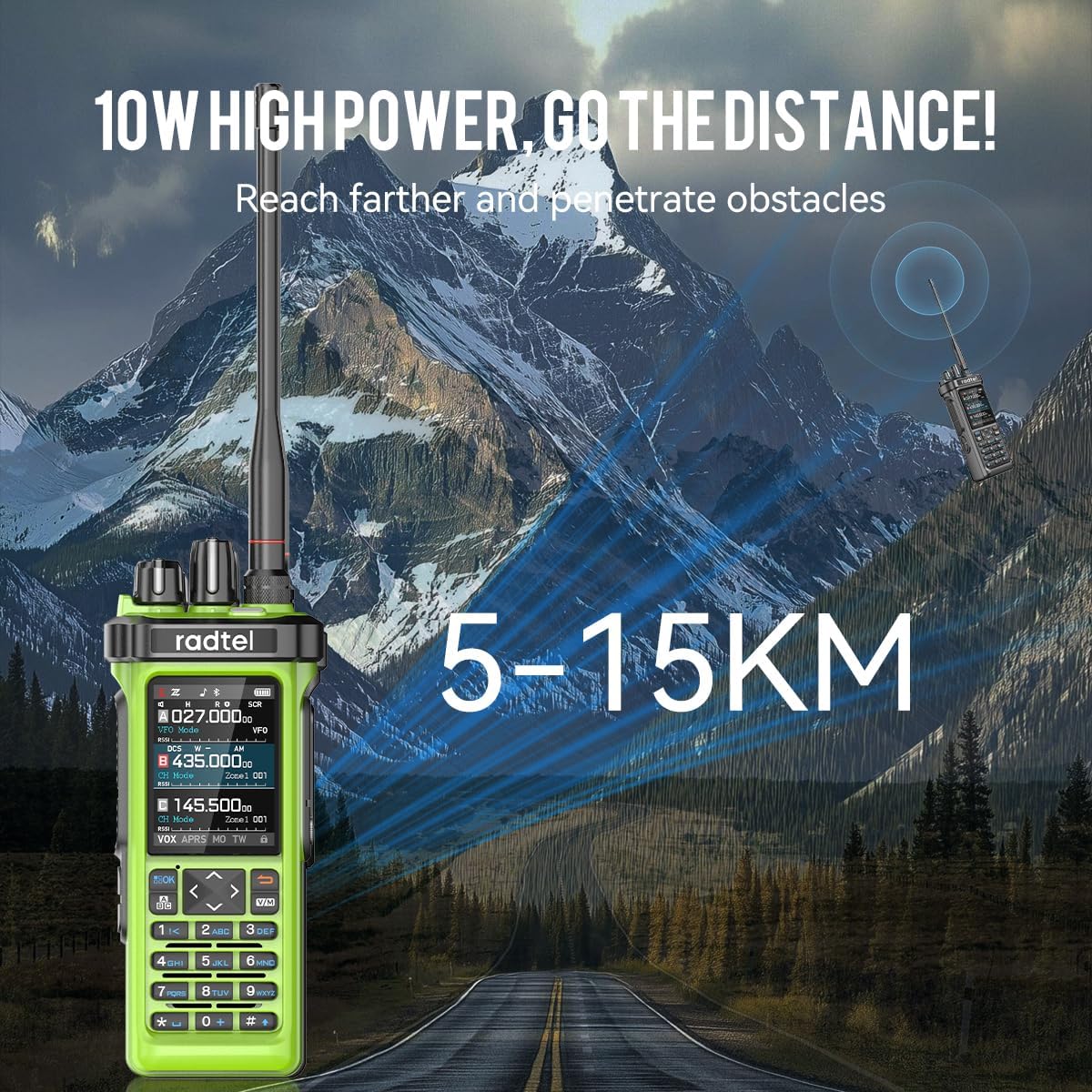 Radtel RT-950 PRO Ham Radio TX GPS/APRS, 10W Walkie Talkie Long Range Handheld Two Way Radio, AM/FM/CB/SW/MW/LW RX, Bluetooth APP Programming, NOAA, Spectrum Analyzer .Green (with Programming Cable)
