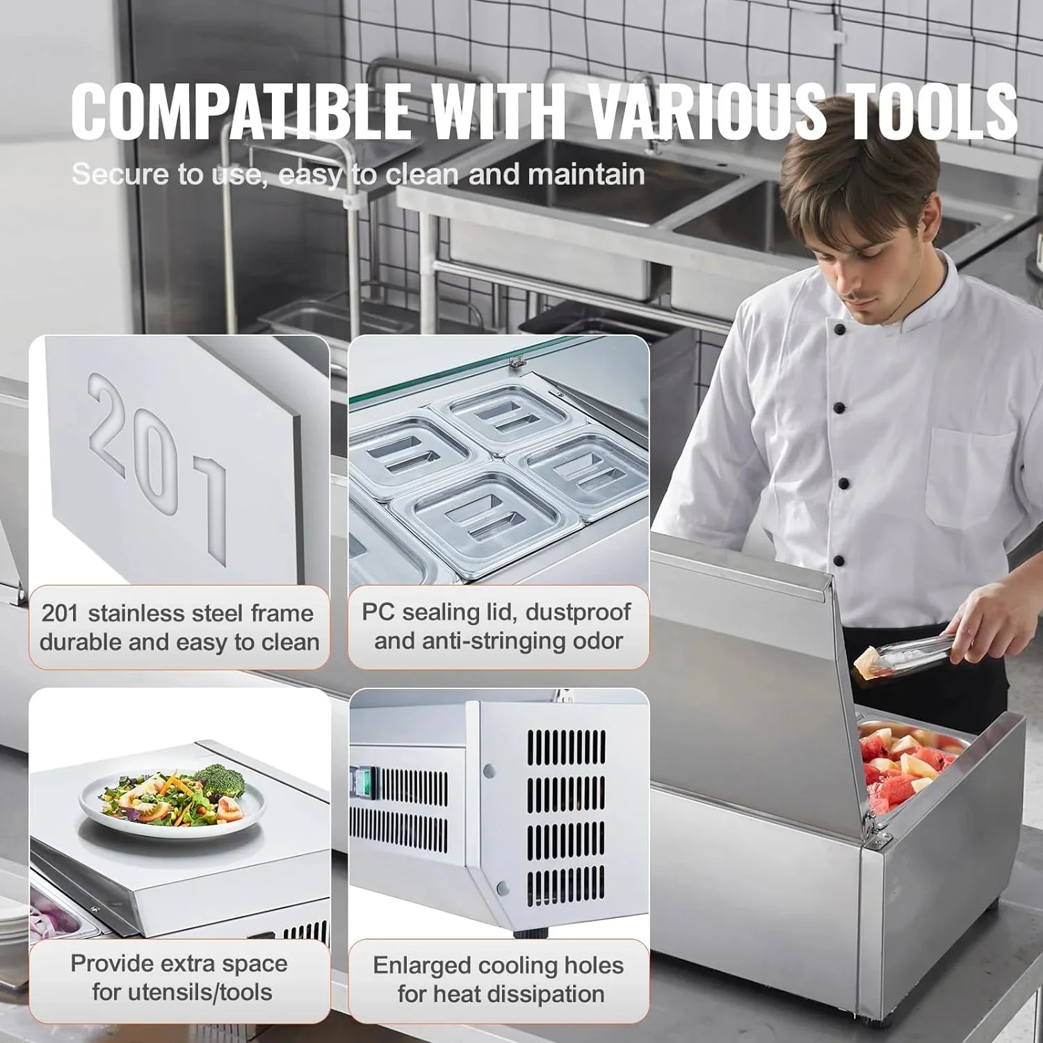 Refrigerated Condiment Prep Station, 135 W Countertop Refrigerated Condiment Station, with 2 1/3 Pans & 4 1/6 Pans, 304 Stainless Body and PC Lid, Sandwich Prep Table with Stainless Guard, ETL