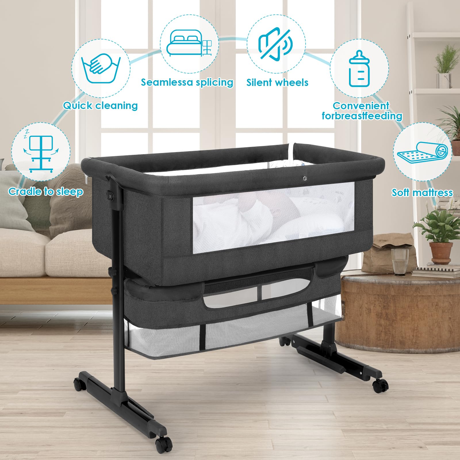 YADAQE Baby Cradle 3-in-1 Convertible Bassinet with Wheels
