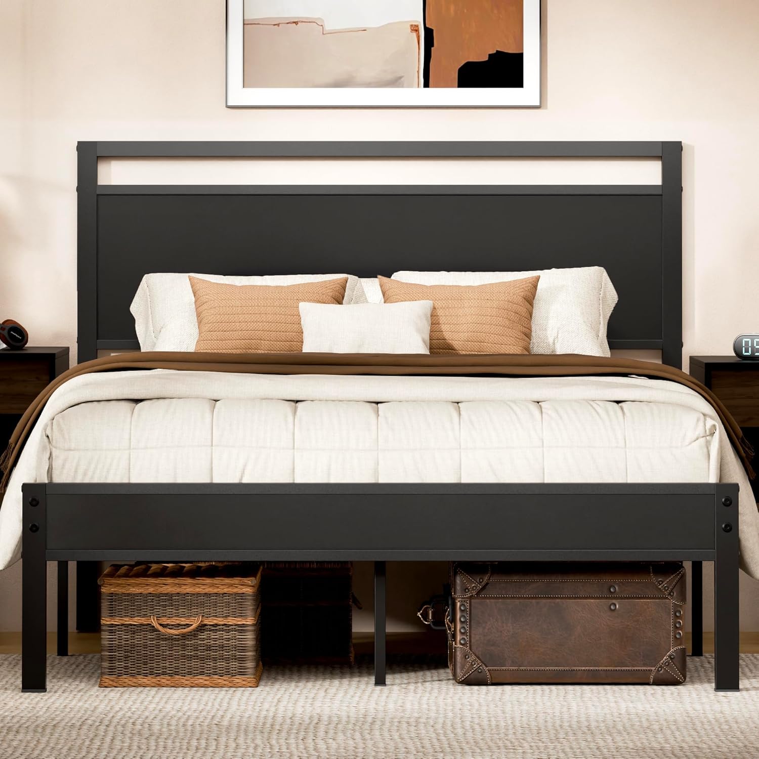 Easy to Assemble Queen Bed Frame with Wood Headboard & Footboard, Tool-Free Metal Platform Bed Frame, Upgraded Heavy Duty Sturdy Foundation, No Noise, No Box Spring Needed,Large Under Storage, Black
