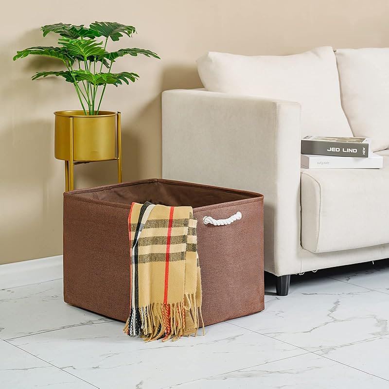 Storage Bins Baskets for Organizing, 20.5L×15.7W×13.8H 3 Pack Sturdy Fabric Storage Basket W/Handles, Decorative Foldable Storage Baskets for Shelves Closet Nursery Toy (Brown)