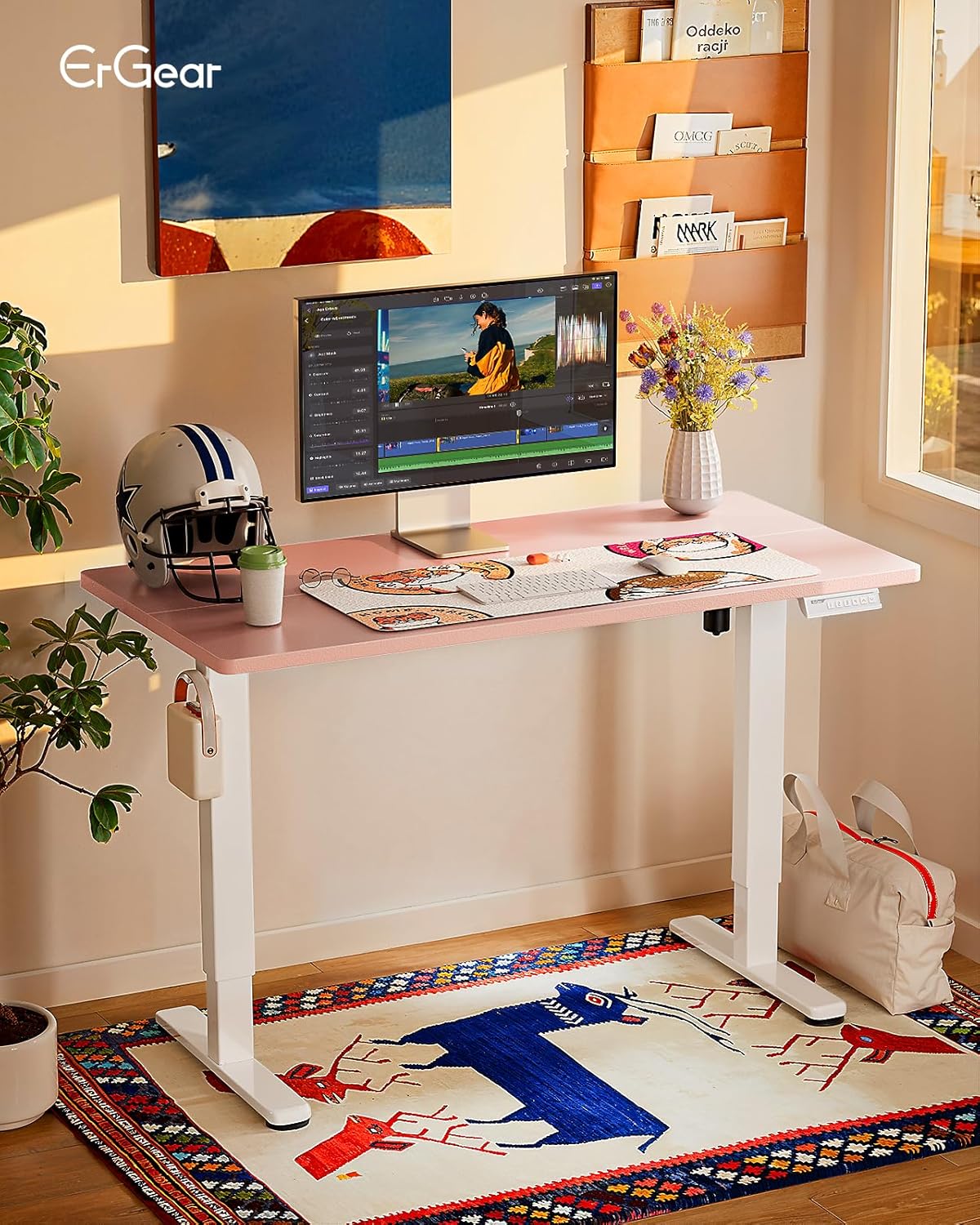ErGear Height Adjustable Electric Standing Desk, 48 x 24 Inches Sit Stand up Desk, Memory Computer Home Office Desk, Pink