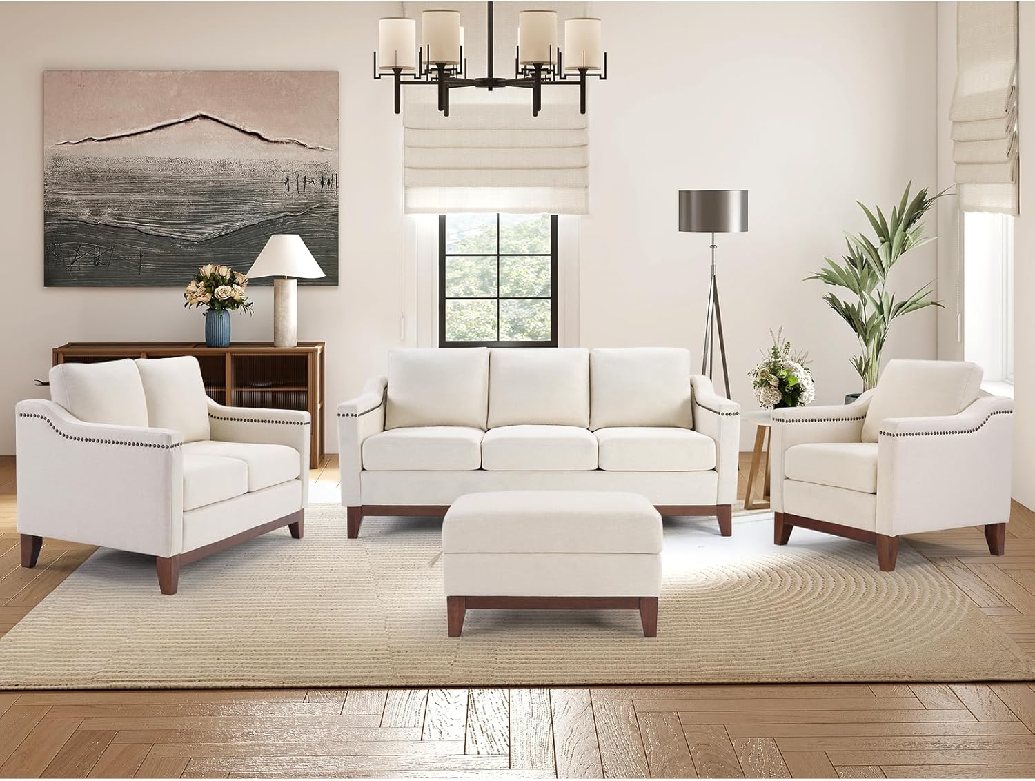 HAOMARKETS 4-Piece Living Room Sofa Set with Coffee Table, Vintage Rivet Couch Sets with Solid Wood Legs, Sofas Furniture of Ottoman with Storage Space, Armchair, Loveseat and 3-Seat Sofa, Beige