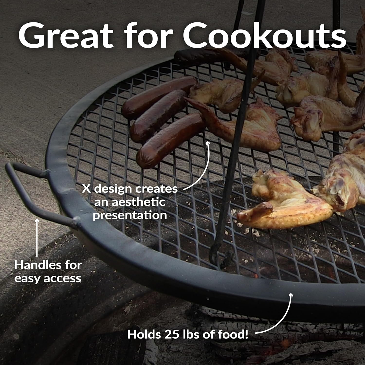 Sunnydaze X-Marks Outdoor Fire Pit Grill Grate for Cooking - Round Fire Pit Grate - Steel Campfire BBQ Grill with Handles - 37.5-Inch