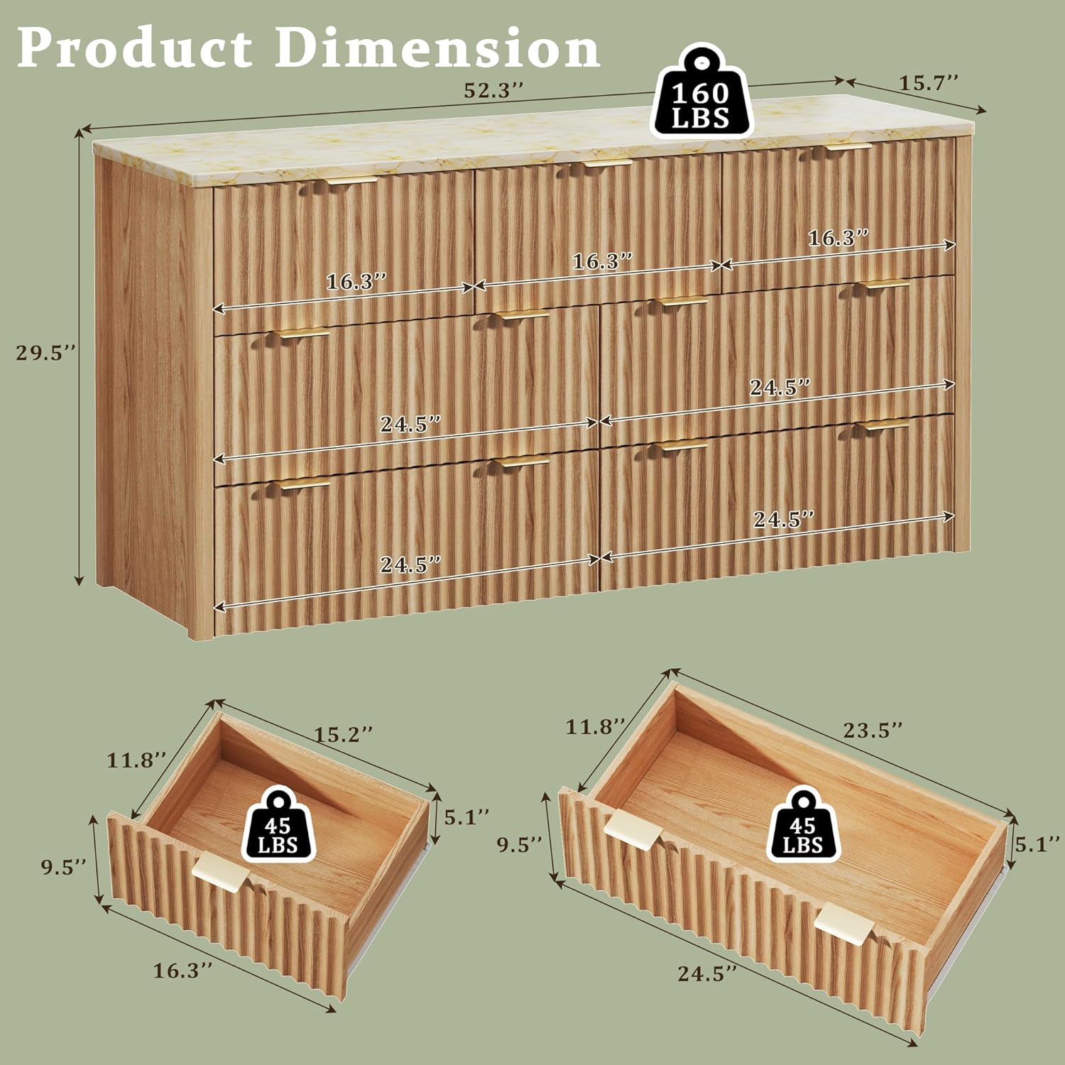 HUAHUU Fluted Dresser for Bedroom with 7 Drawers, 53