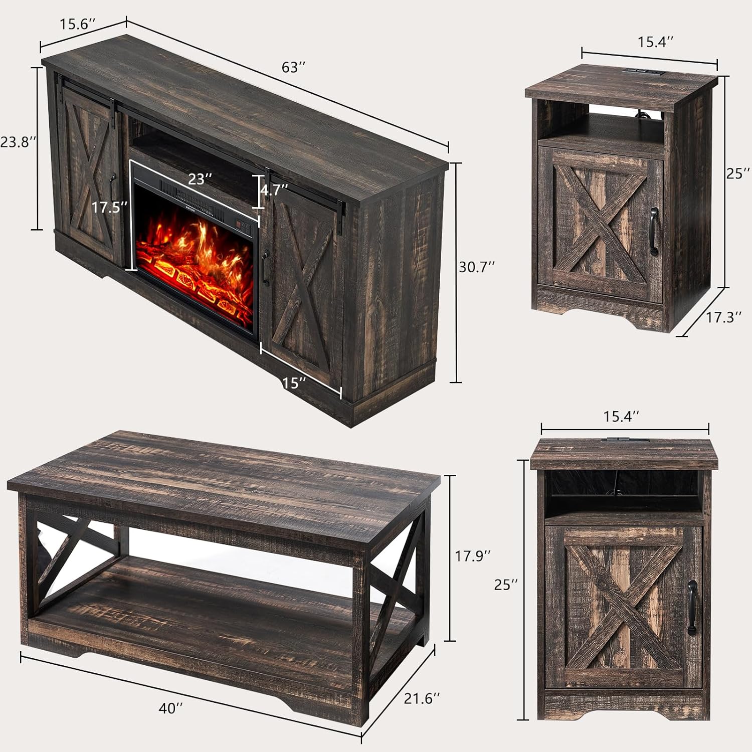AMERLIFE 5-Piece Farmhouse Table Set Includes Fireplace TV Stand, Coffee Table& Two End Tables with Charging Station and USB Ports, for Living Room, Dark Oak, 63