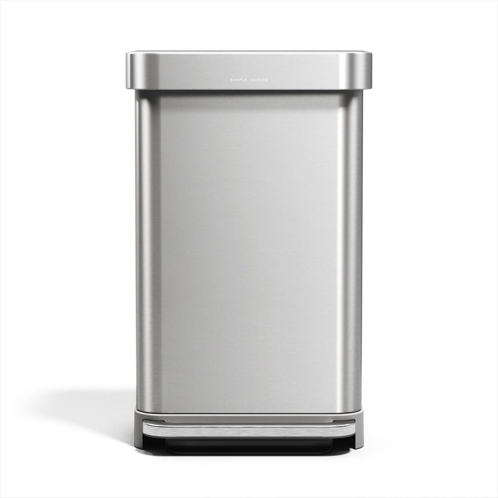 simplehuman Rectangular Step Can, 45L / 12 Gallon Kitchen Trash Can, Liner Rim System, Liner Pocket®, 150,000-Step Pedal, Lid Shox® Silent Close, Brushed Stainless Steel with Grey Plastic Lid