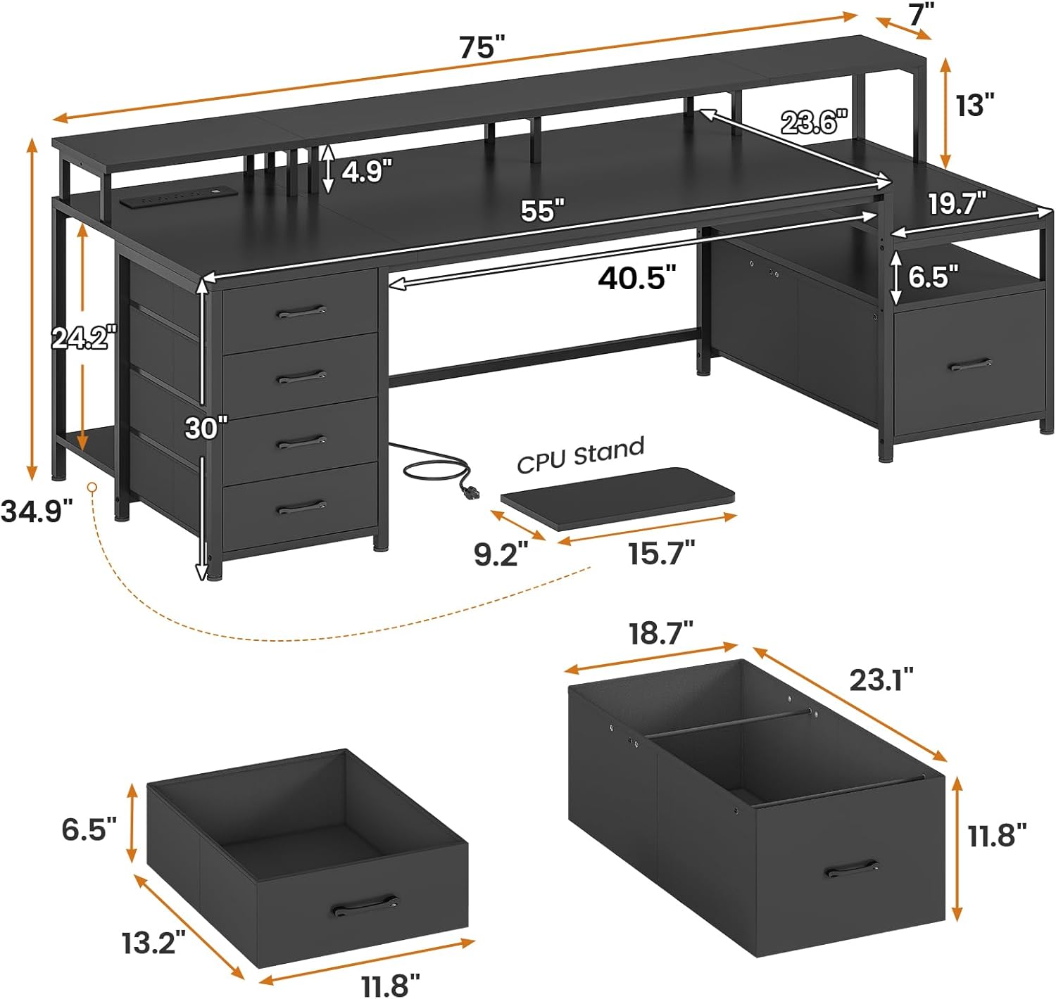 SEDETA 75'' Computer Desk with 5 Drawer, Power Outlet & Led Lights, Home Office Desk with File Drawer, Storage Shelves, Printer Cabinet and Monitor Shelf, 23.6