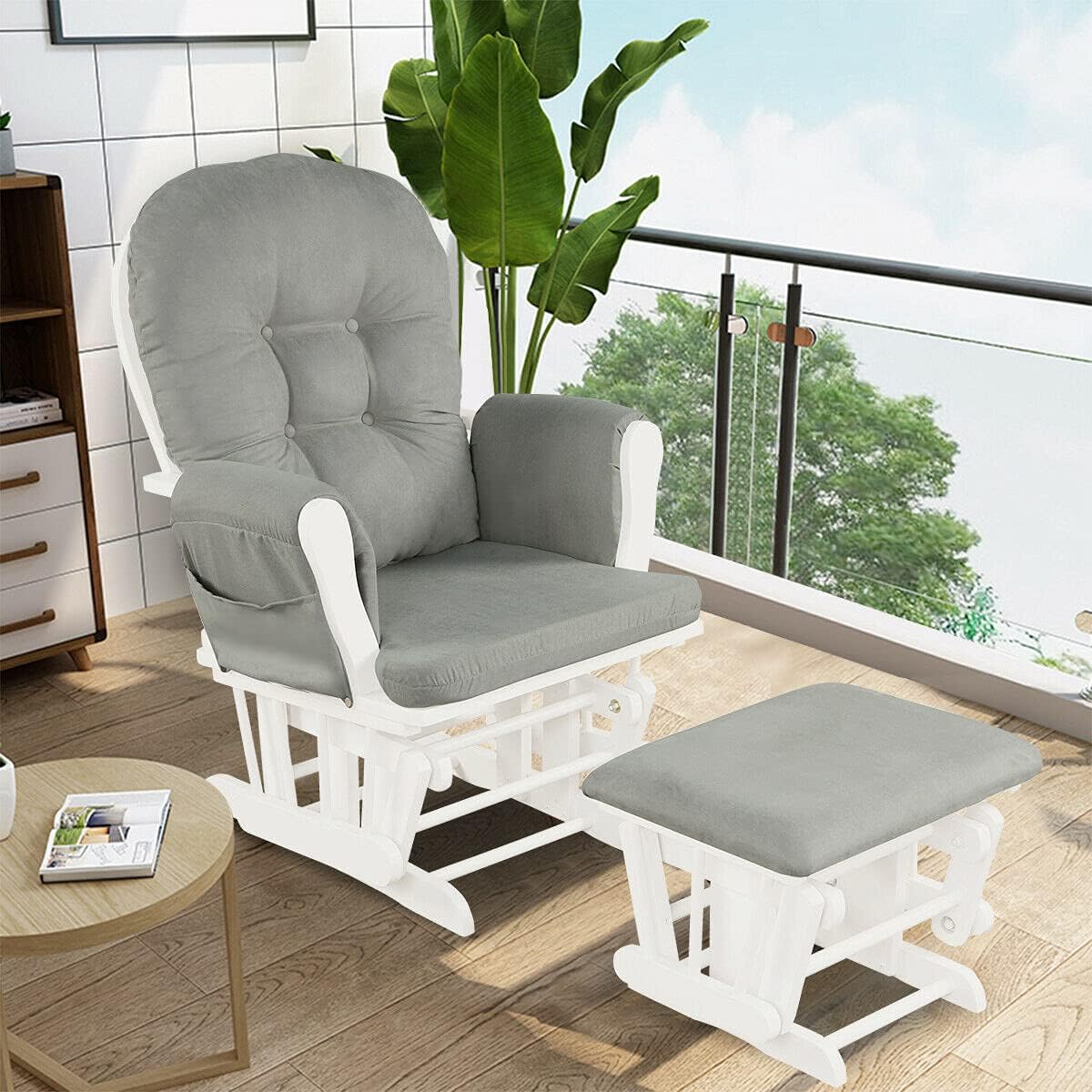 Caraya Modern Style Rocking Glider Wood Chair with Ottoman Cushion Set Sturdy Stable for Living Room, Bedroom, Nursery Light Grey