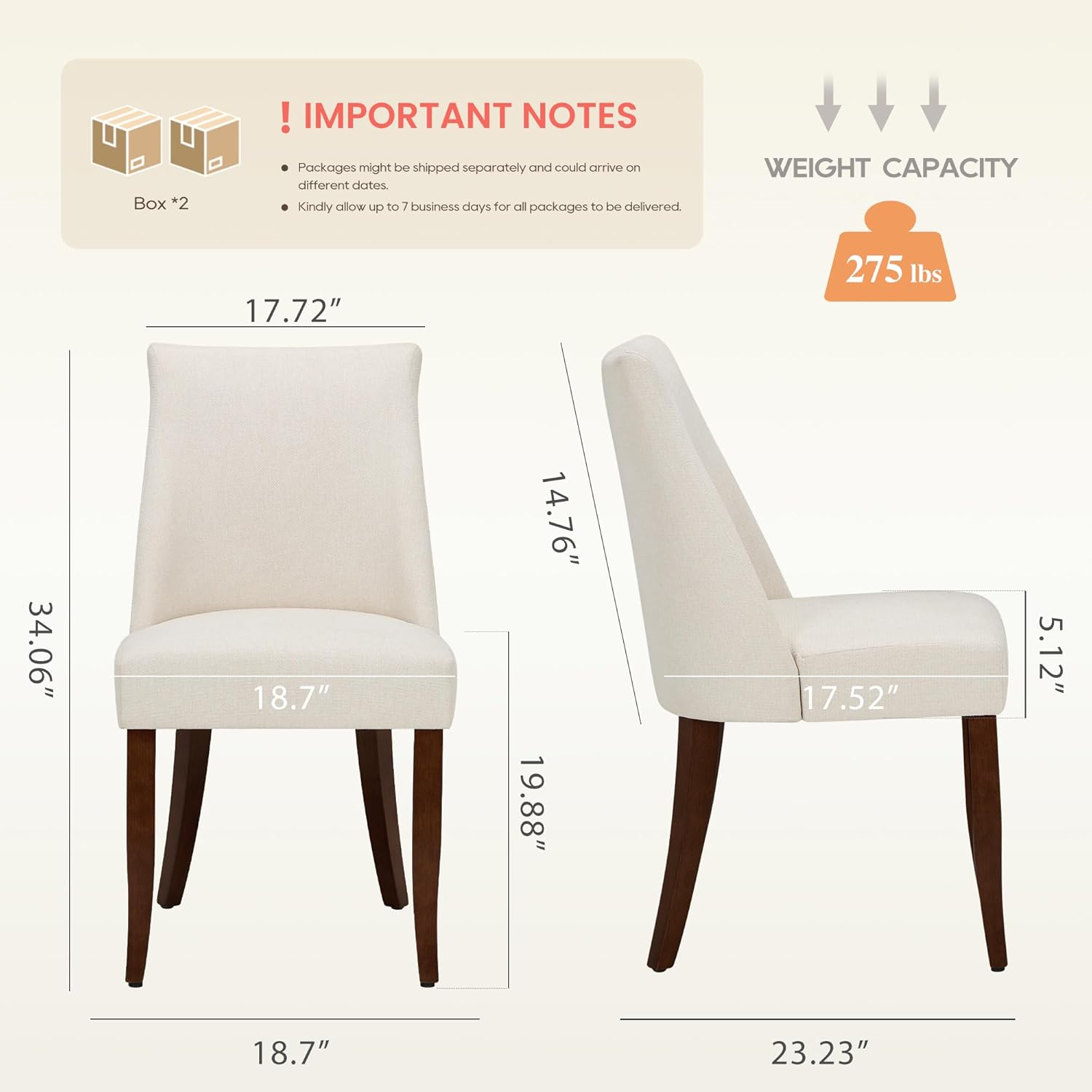 Wooden Dining Chairs Set of 4, Upholstered Farmhouse Fabric Dining Room Chair, Mid Century Kitchen Chair for Restaurant & Cafe, Beige