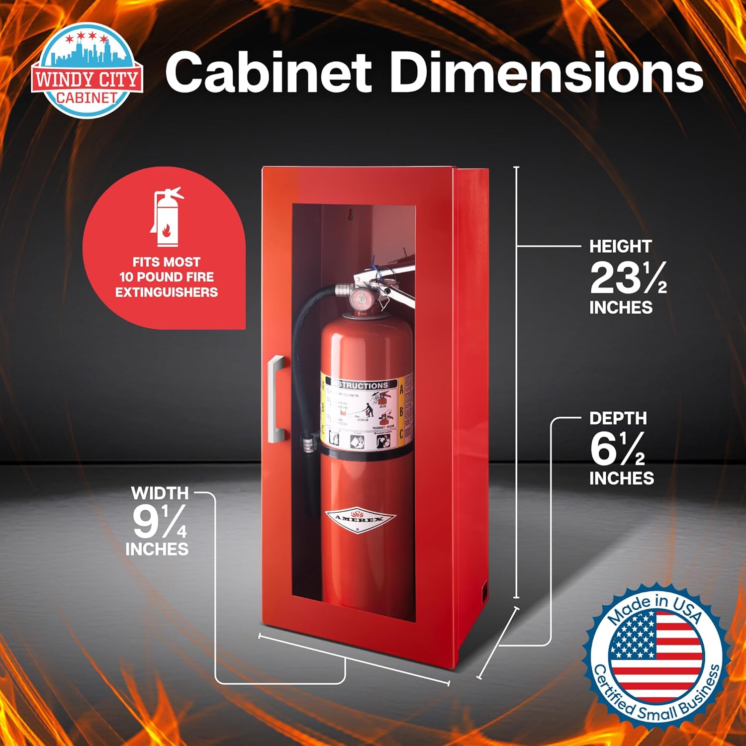Fire Extinguisher Mount for Wall & Surface - 22 Gauge Steel, USA Made - Fire Extinguisher Cabinet Storage with Metal Handle - Indoor & Outdoor Use - 24.5H x 9.25W x 6.5D - Red