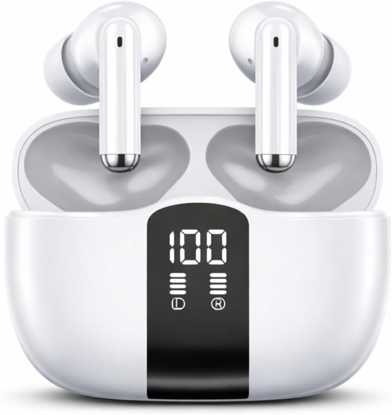 LEVO Wireless Earbuds, Hybrid Active Noise Cancellation, Bluetooth 5.3, Clear Call Microphones, USB-C Charging Case, White – Work from Home