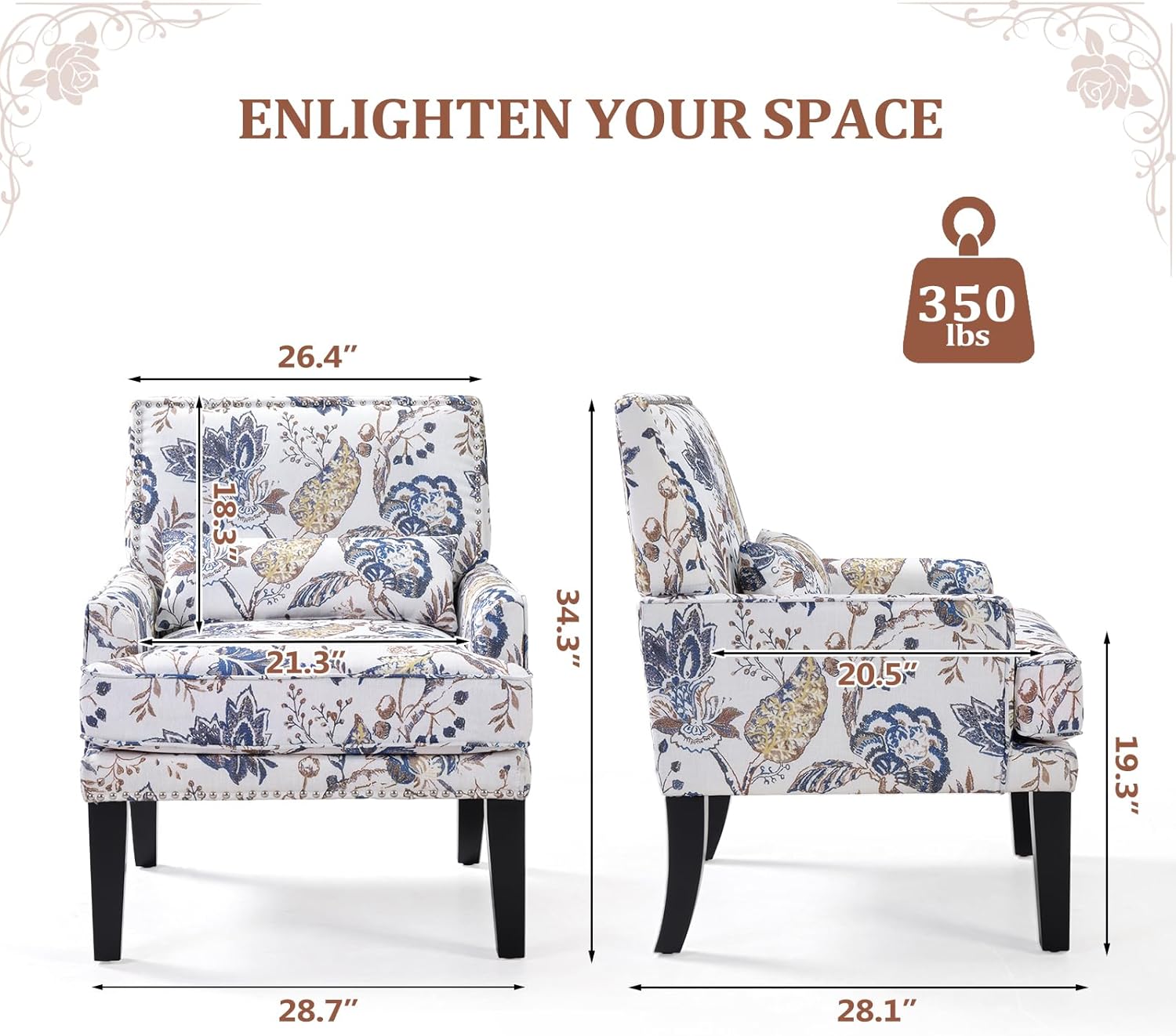 ANJ Floral Accent Chair Set of 2 with Lumbar Pillow,Upholstered Wingback Reading Armchair with Nailhead Trim, Mid-Century Single Sofa Chair for Living Room, Bedroom, Blue Floral