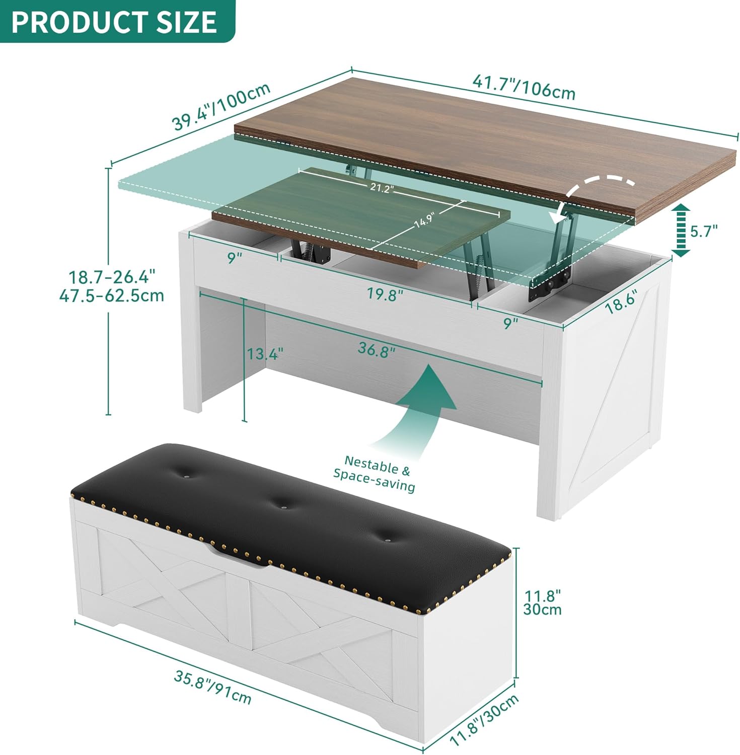 YITAHOME Lift Top Coffee Table Set with Storage Ottoman Bench & Wheels, 4 in 1 Convertible Dinning Center Tables with Hidden Compartment, Farmhouse Coffee Tables for Living Room Furniture, Brown Top