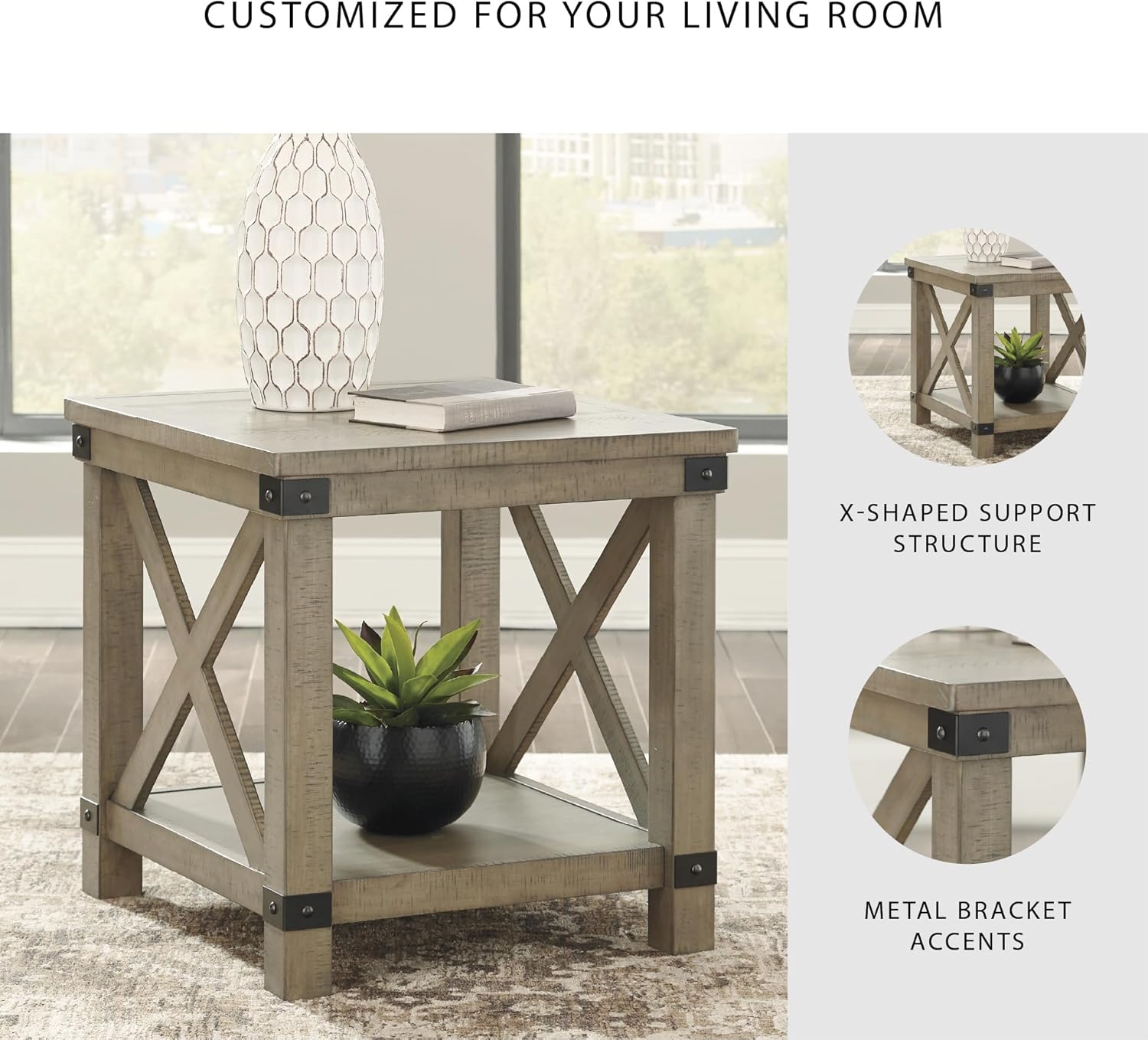 Signature Design by Ashley Aldwin Casual Farmhouse Rectangular End Table with Crossbuck Details, Metal Bracket Accents, Wood, 25
