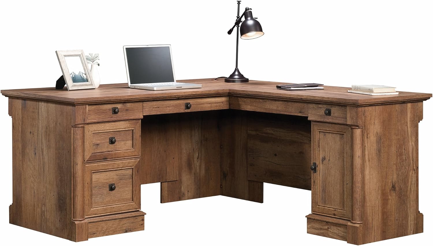Sauder Palladia L Shaped Desk with Drawers, Office Desk with File Cabinet Storage, Cable Management, Keyboard Tray, in Vintage Oak Finish