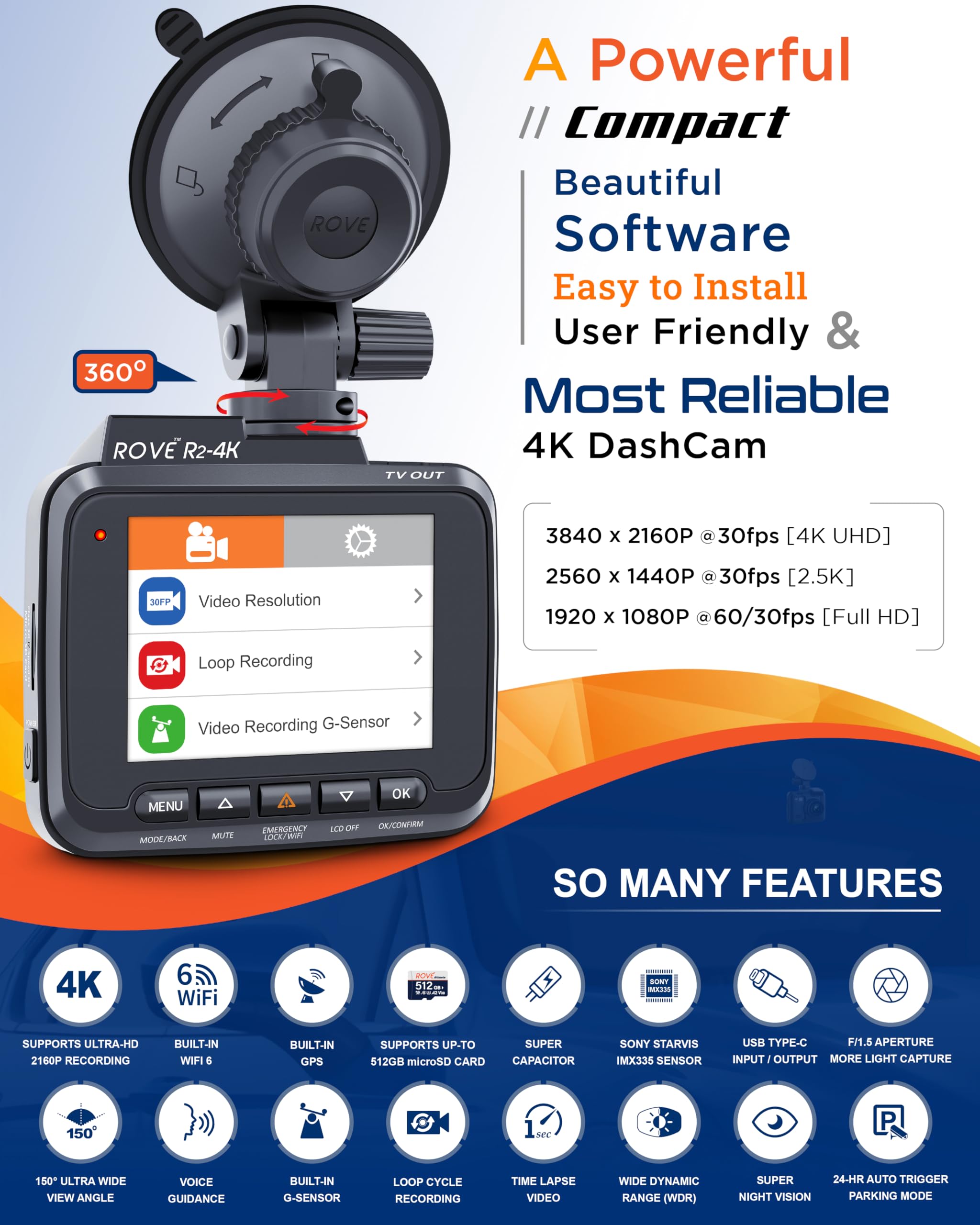 ROVE R2-4K Dash Cam with WiFi, GPS, Night Vision, 150° Angle