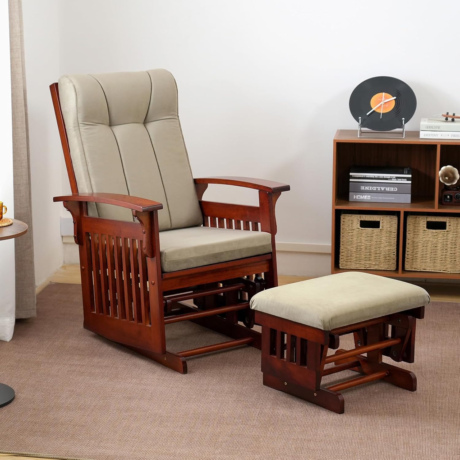 Nursery Glider Rocker with Ottoman, Solid Hardwood Base, Smooth Quiet Motion for Adults, Easy Assembly, Light Brown(Light Brown)
