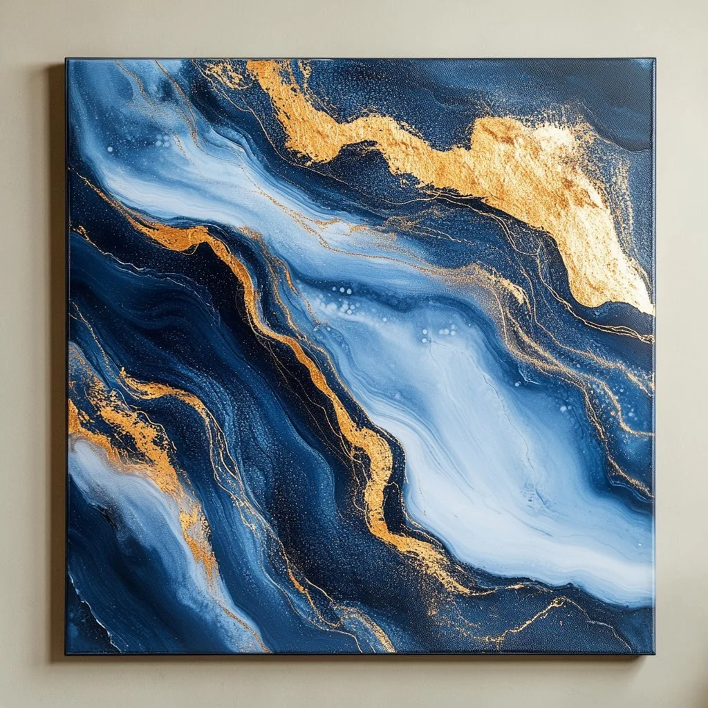 Large Abstract Canvas Print - Navy Blue & Gold Foil Wall Decor - Modern Framed Artwork for Living Room, Bedroom & Office - Ready to Hang