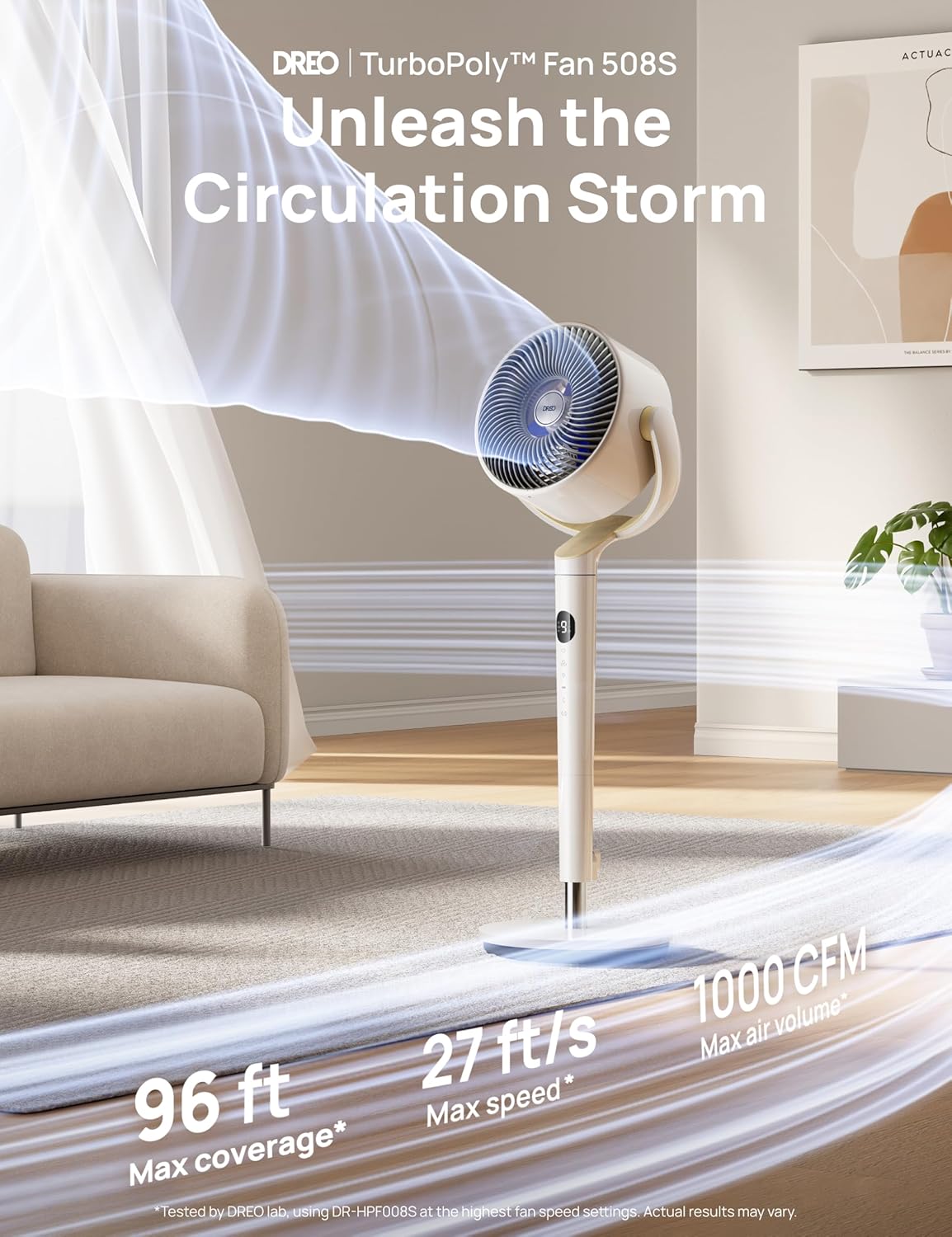DREO Smart Fan for Bedroom, 120° +120° Omni-Directional Oscillating Fans, 100ft Quiet Pedestal Fan with RGB Light, 9 Speeds, 6 Modes, 20dB, 8H Timer, Wi-Fi/Voice/Alexa, 35-40