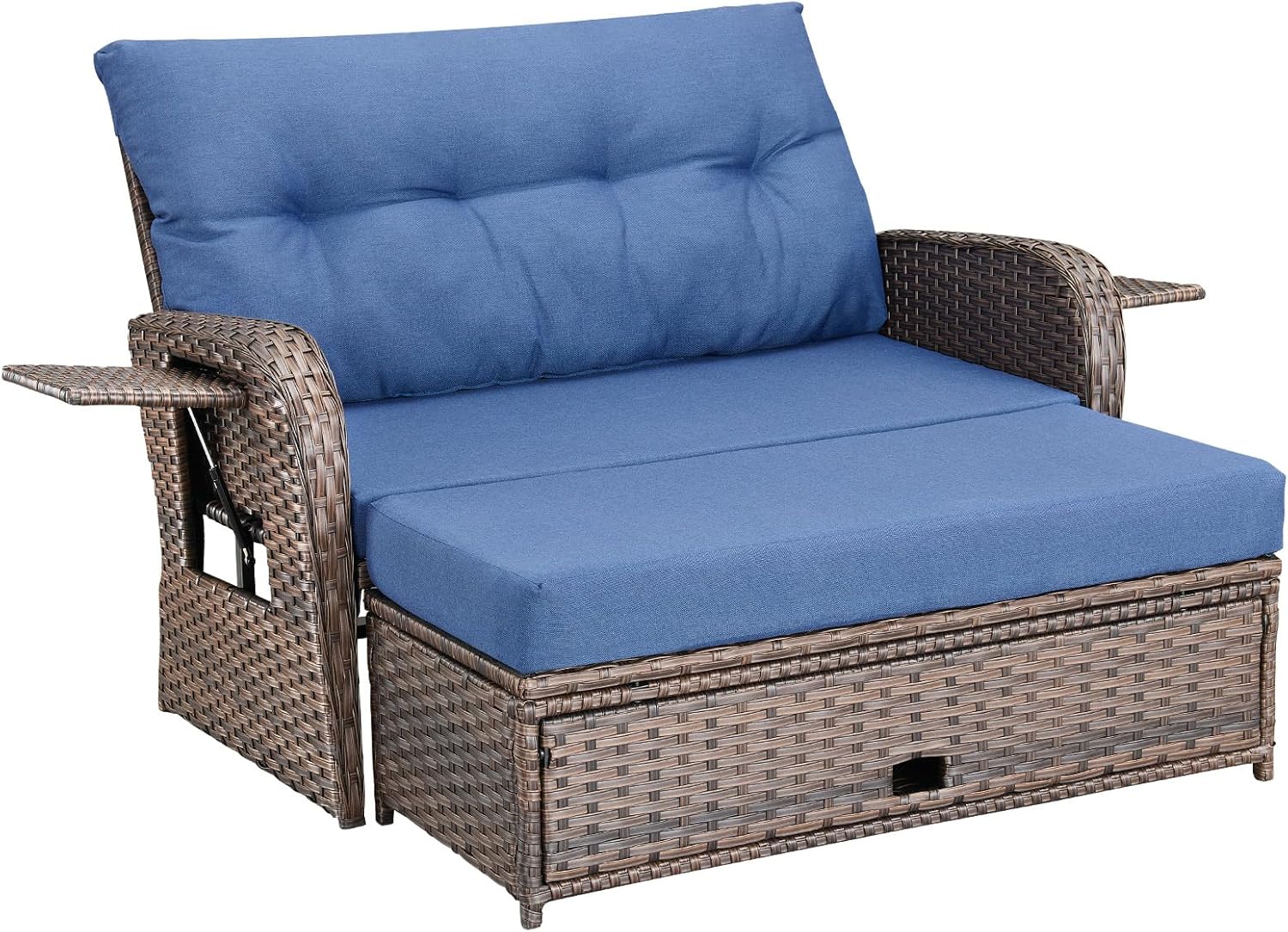 Belord Oversize Outdoor Daybed Set - Patio Recliner Loveseat with Storage Ottoman, Wicker Double Lounge Chair wth 5 Level Adjustable Backrest and 2 Retractable Table