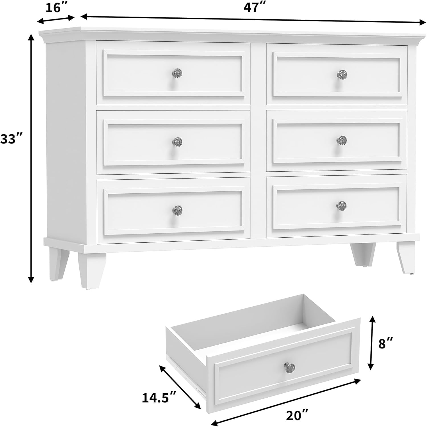 IDEALHOUSE 6 Drawer Dresser, Wooden Storage Chest of Drawers with Exquisite Metal Handles, Large Wide Dresser TV Stand, Modern Drawer Organizer for Bedroom, Living Room, Hallway, Entryway, White