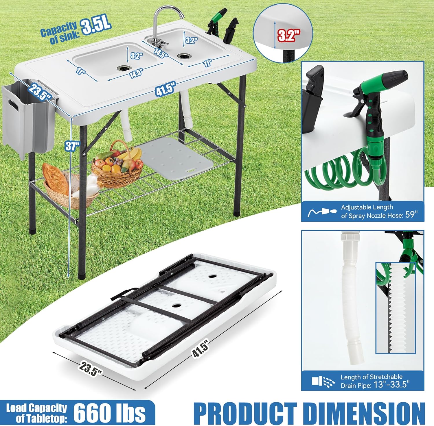 Folding Fish Cleaning Table Portable Camping Double Sinks Table w/2 Dual Water Basins, Faucet Drainage Hose & Sprayer Outdoor Fish Fillet Cleaning Station w/Knife, Storage Box,Black | Portable