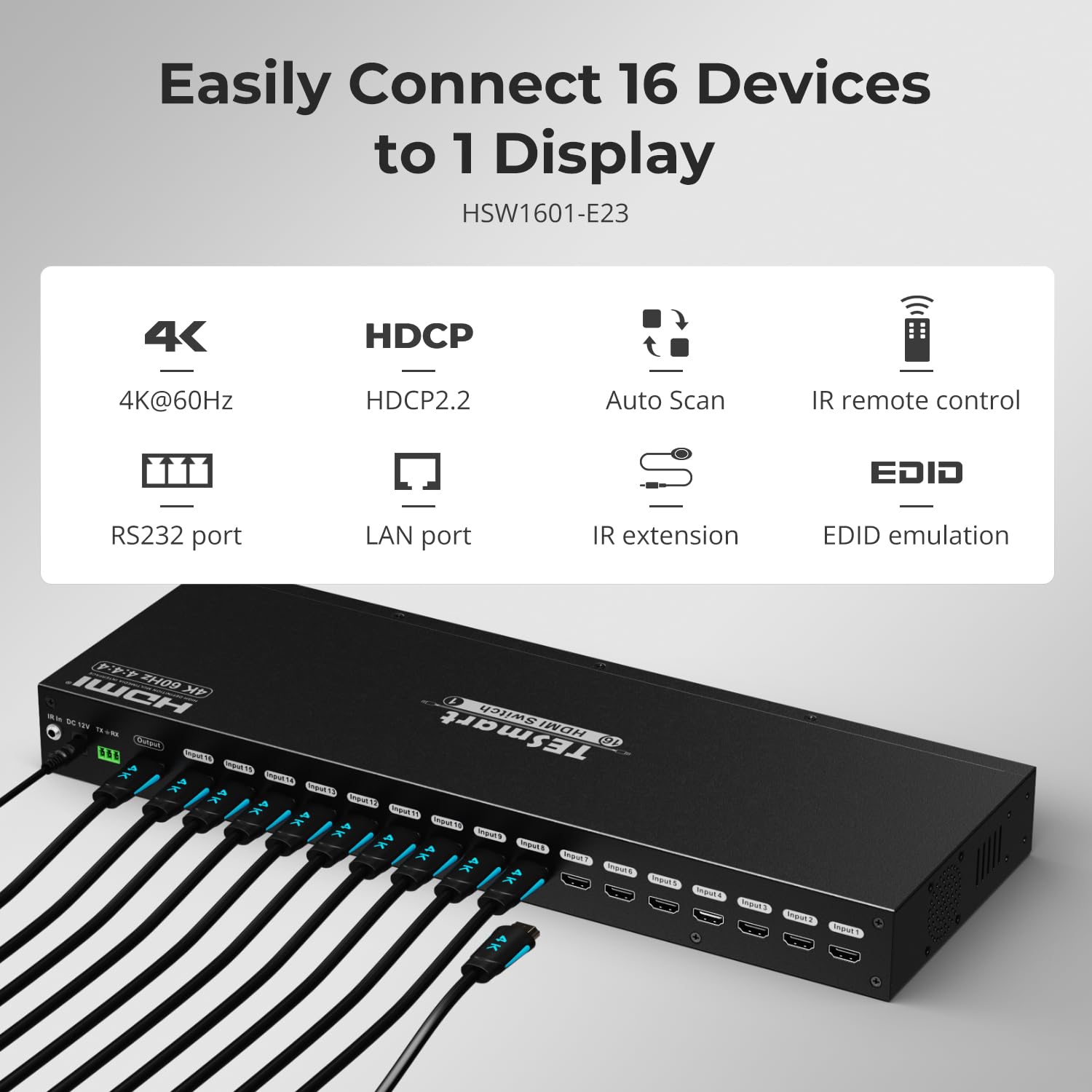 TESmart 16×1 HDMI Switch 16 in 1 Out 4K HDMI Switcher with IR Remote 4K@60hz 16 Port HDMI Switch Box HDCP 2.2,Auto Switch,19-inch Rack-Ears Mount,LAN Port Control,Auto Scan Switch